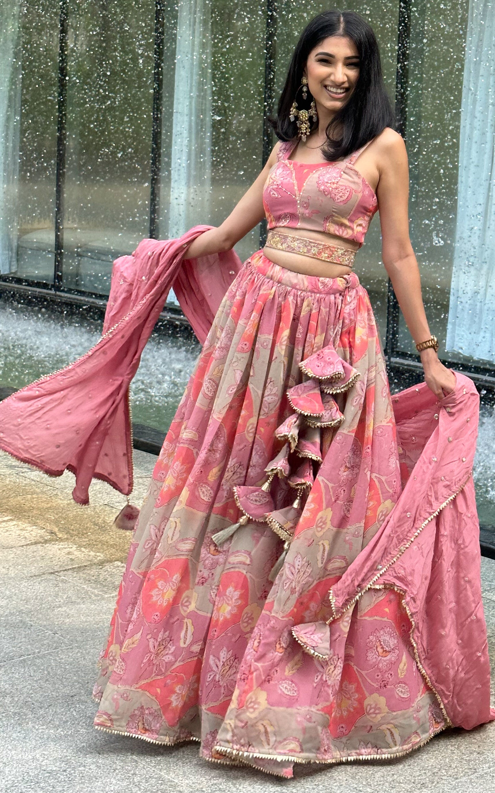 Noopur Vintage Pink Handwork Printed Georgette Lehenga with Embellished Belt