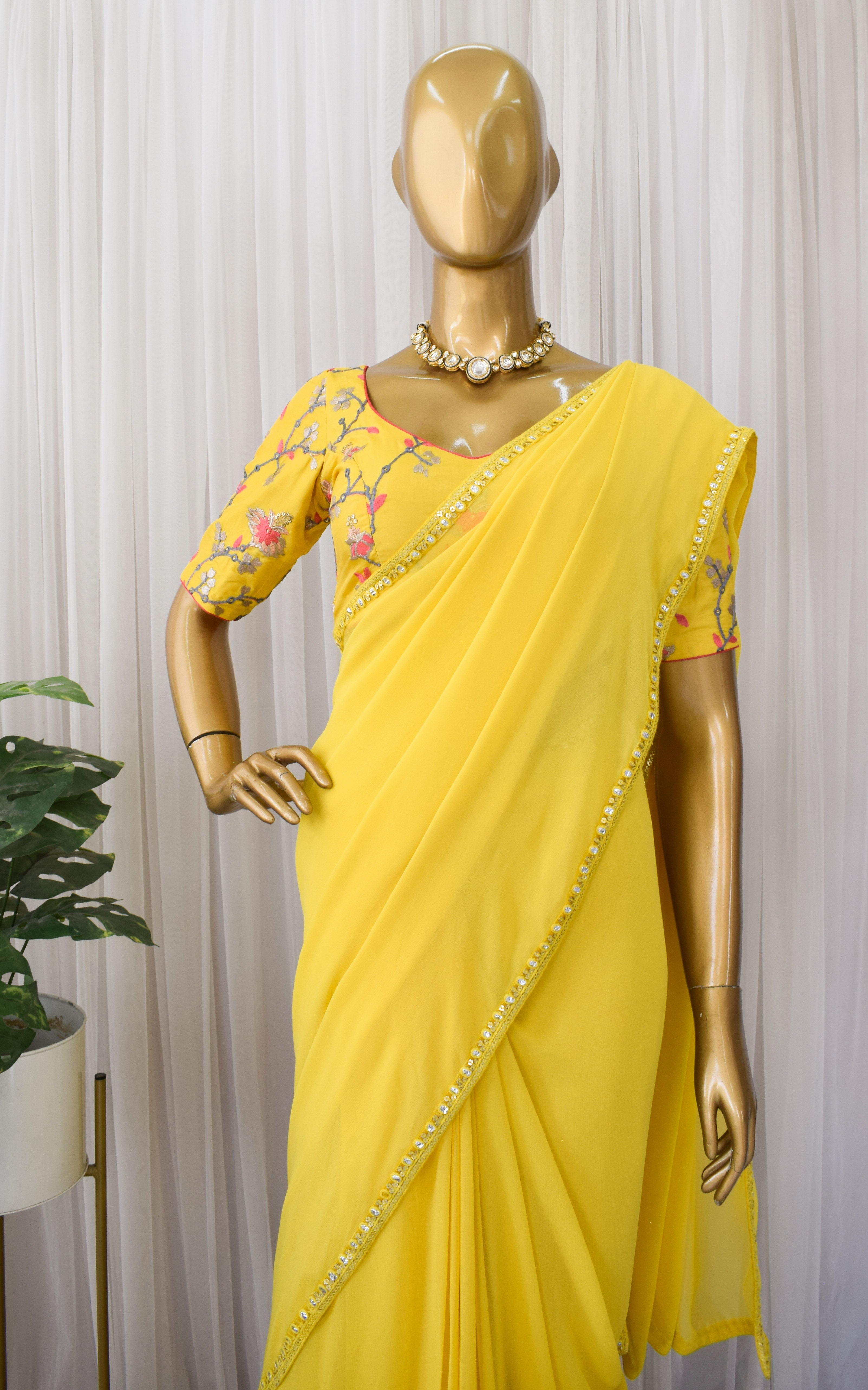 Yellow Georgette Saree with Emroidered Blouse
