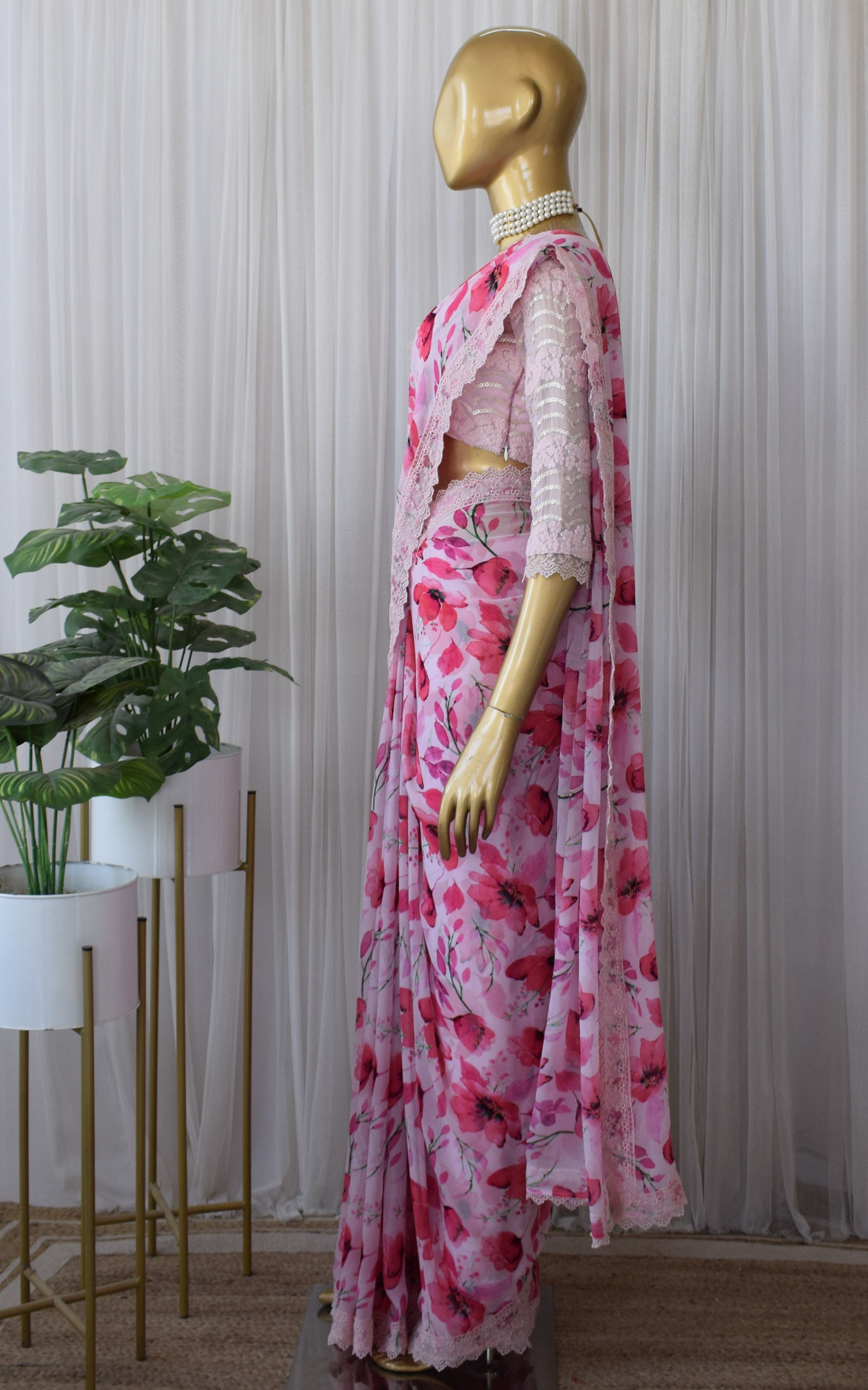 Pink Floral Printed Georgette Saree