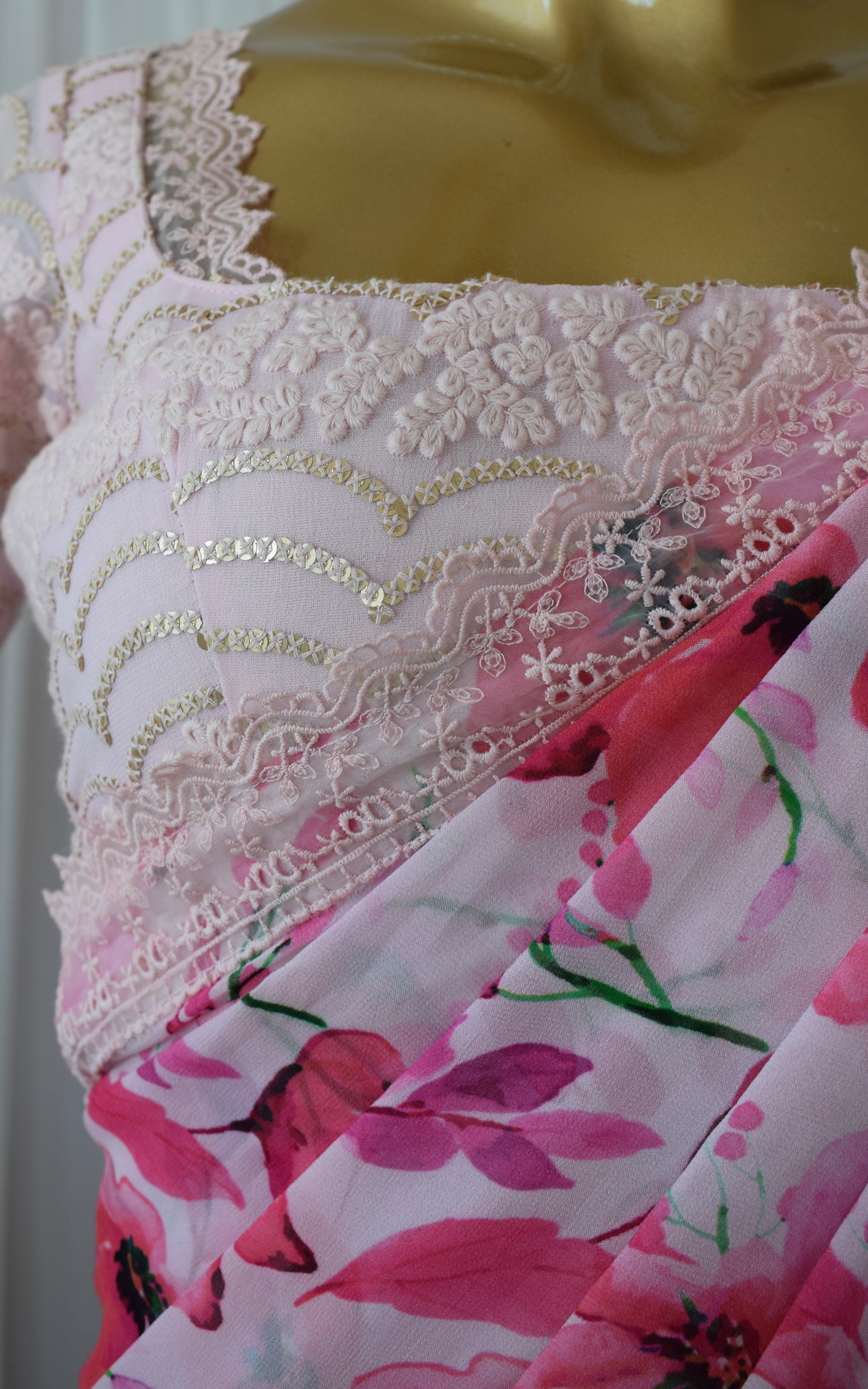 Pink Floral Printed Georgette Saree