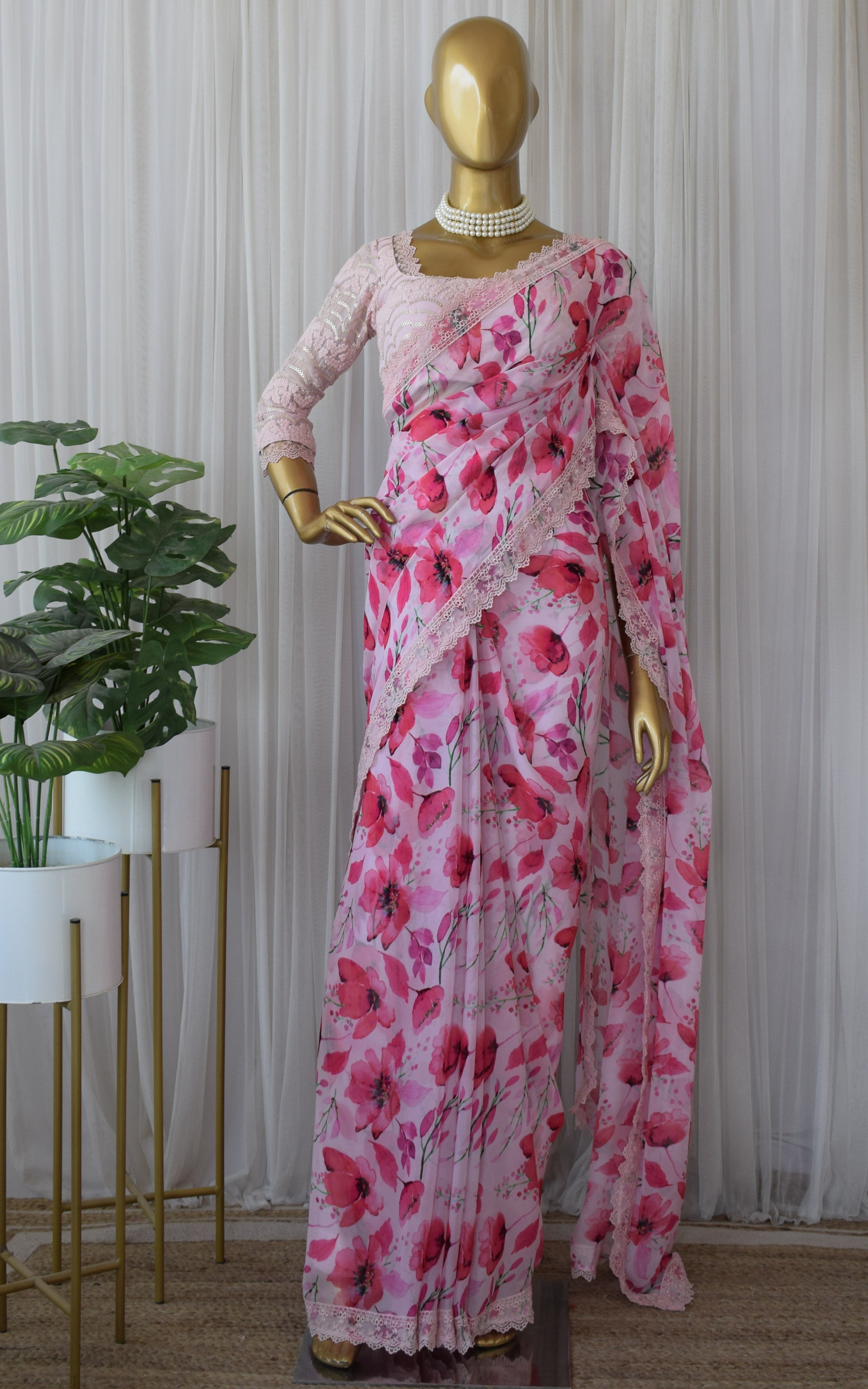 Pink Floral Printed Georgette Saree
