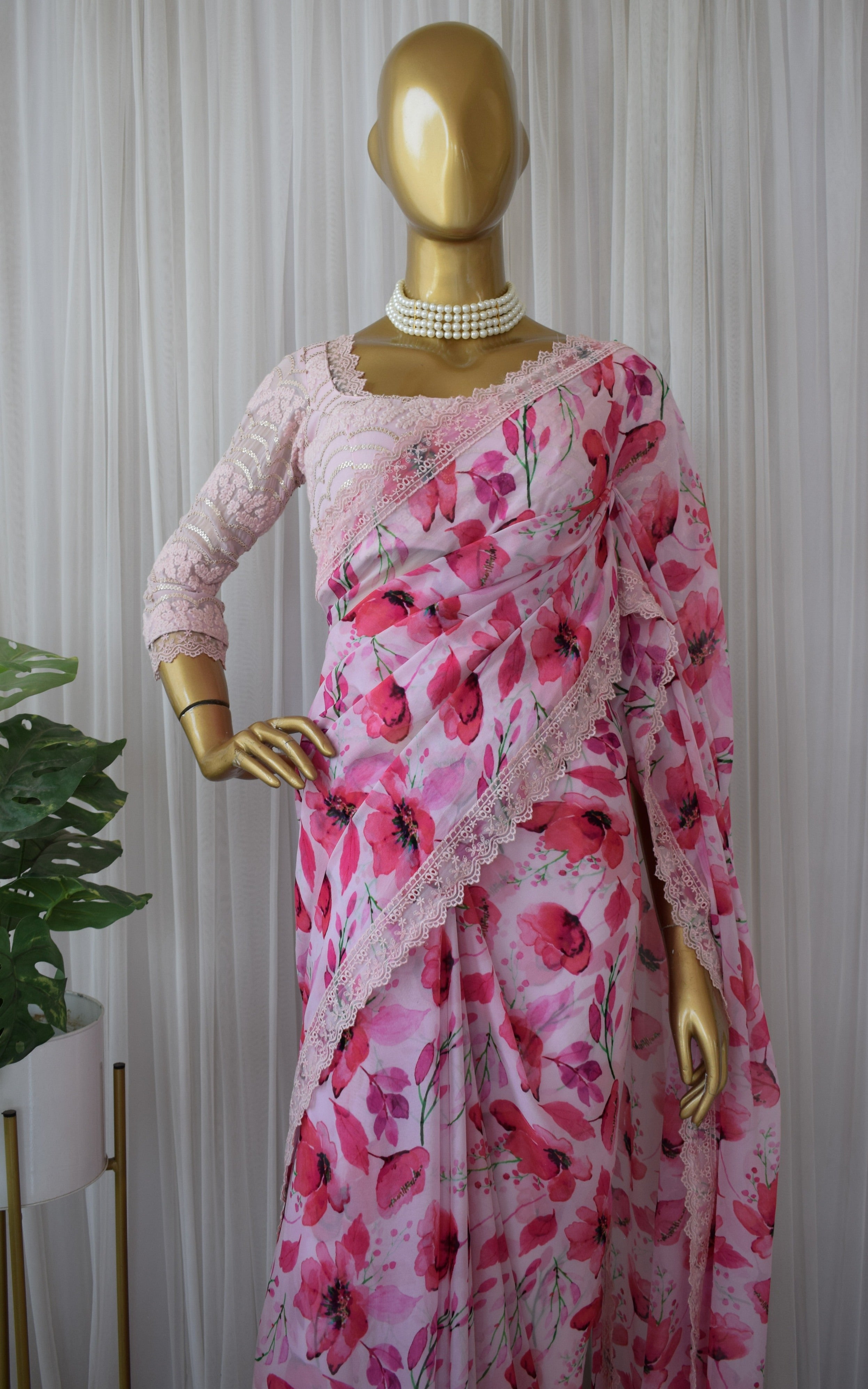 Pink Floral Printed Georgette Saree