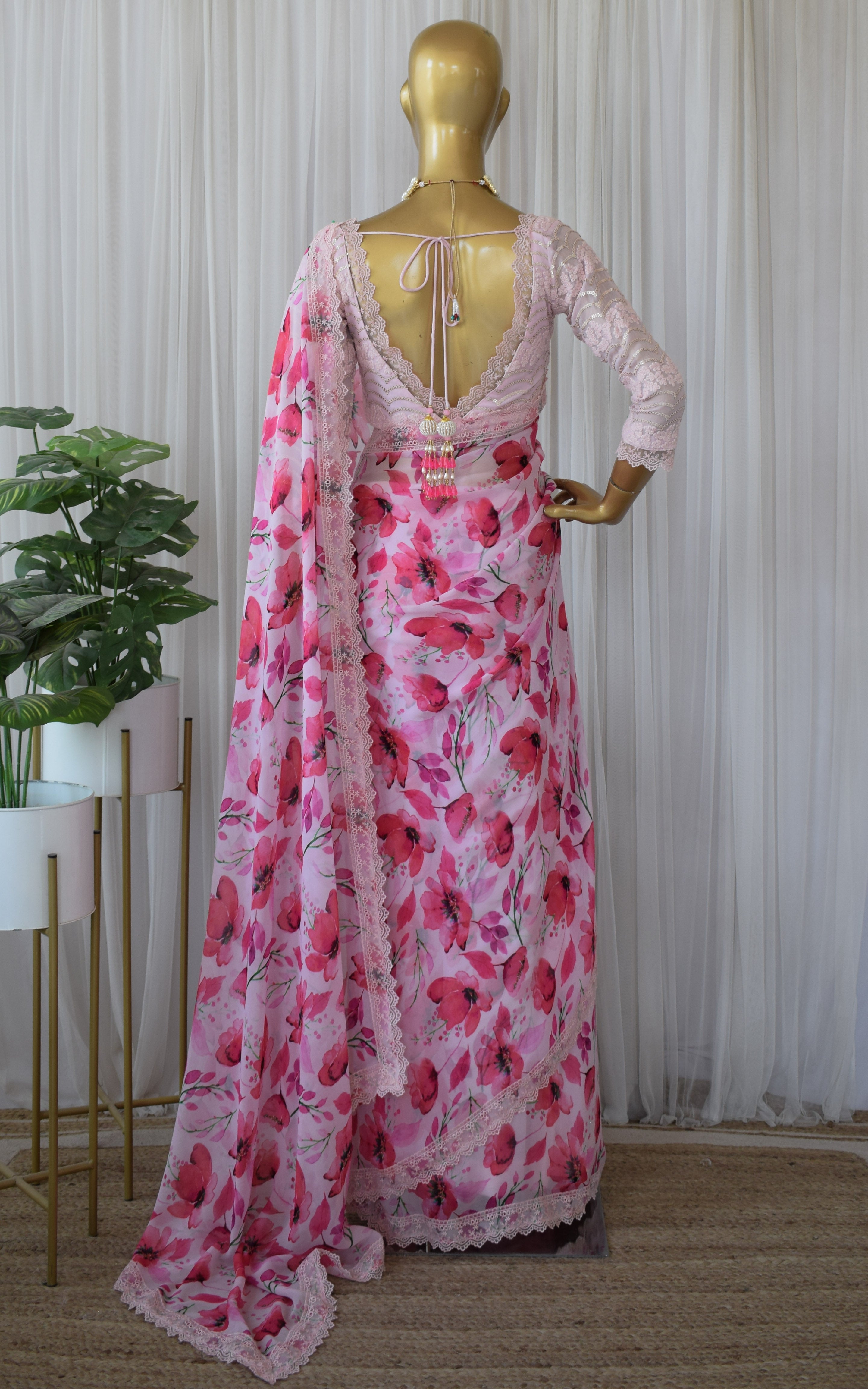 Pink Floral Printed Georgette Saree
