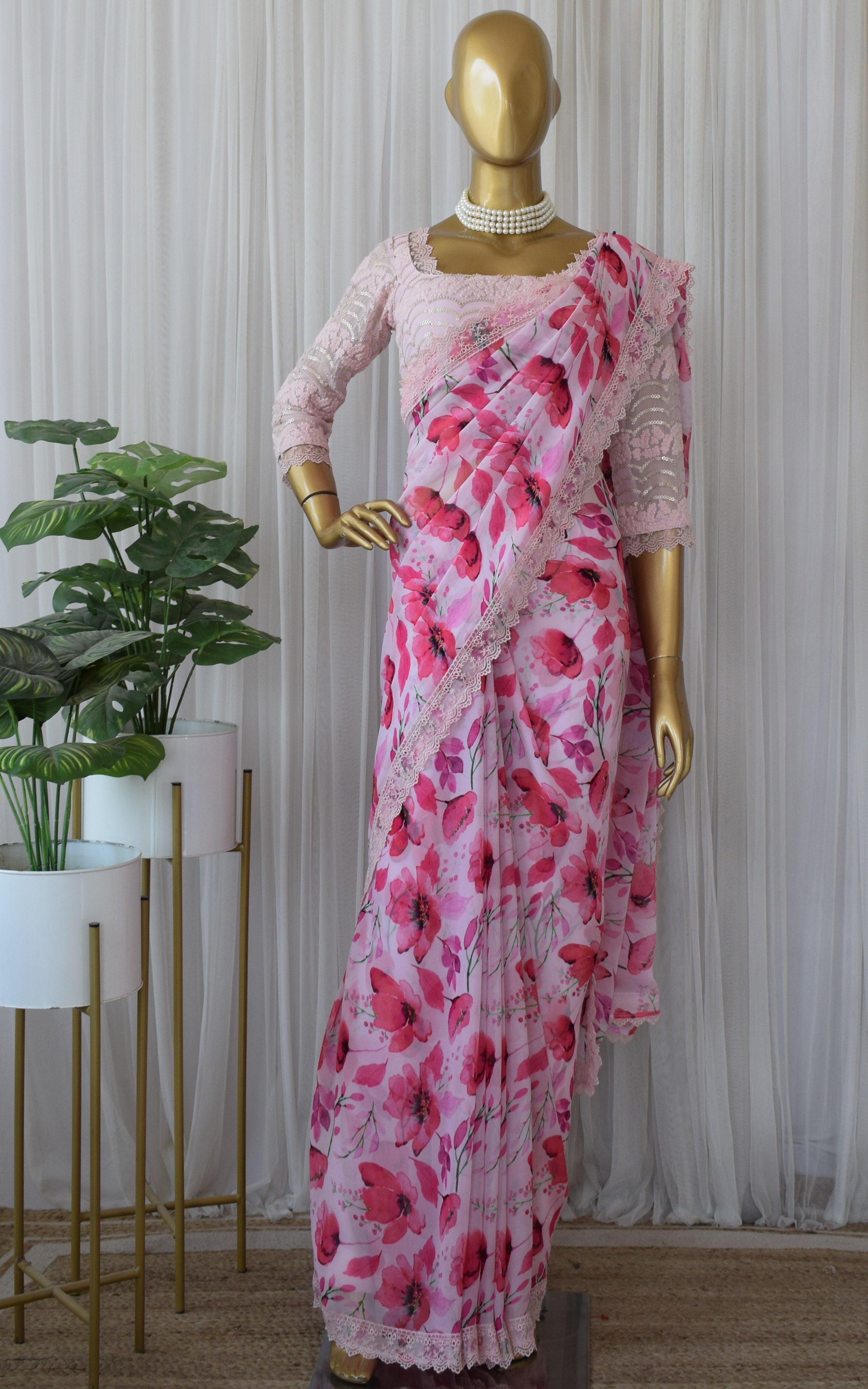 Pink Floral Printed Georgette Saree
