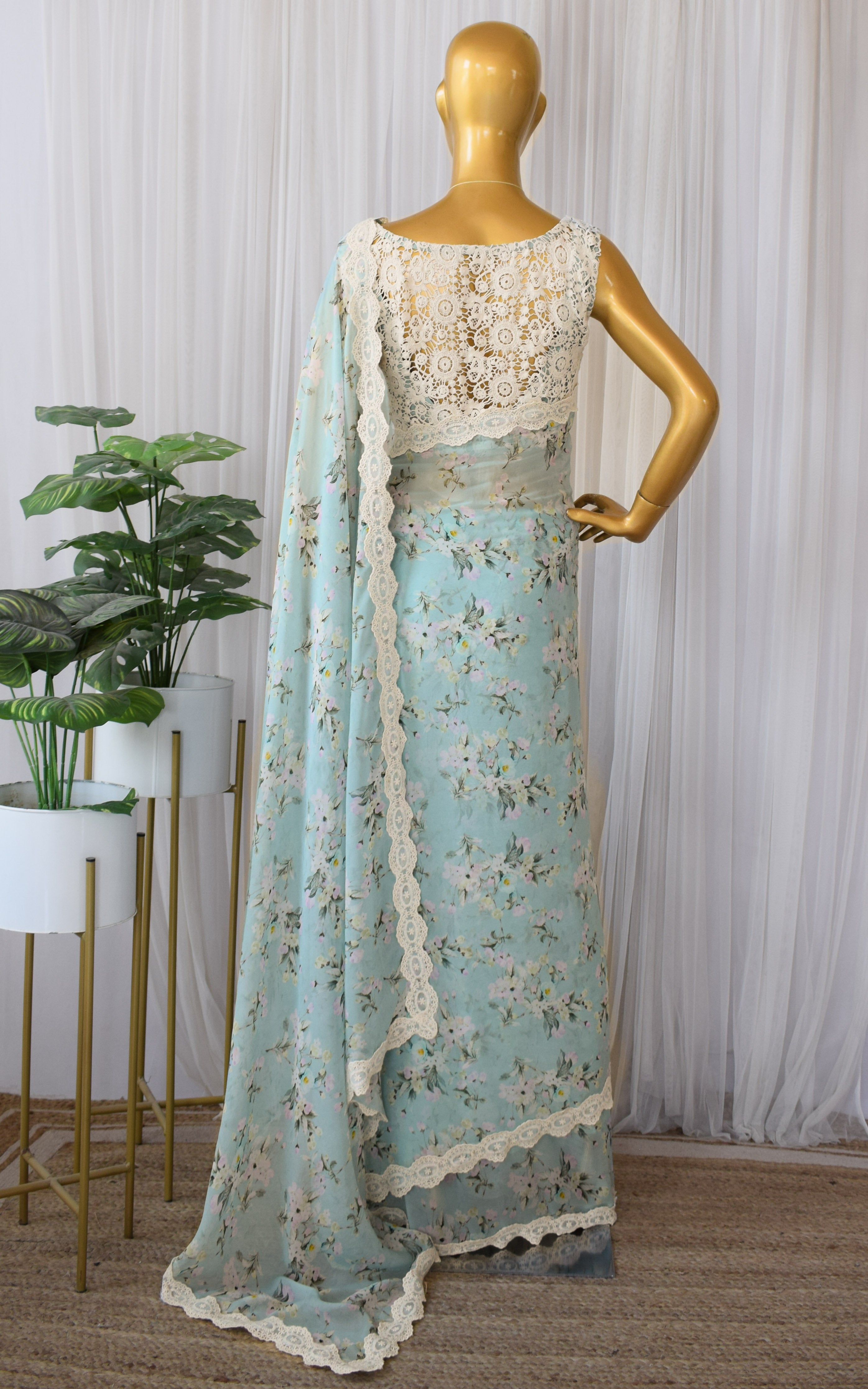 Light Blue Floral Printed Georgette Saree