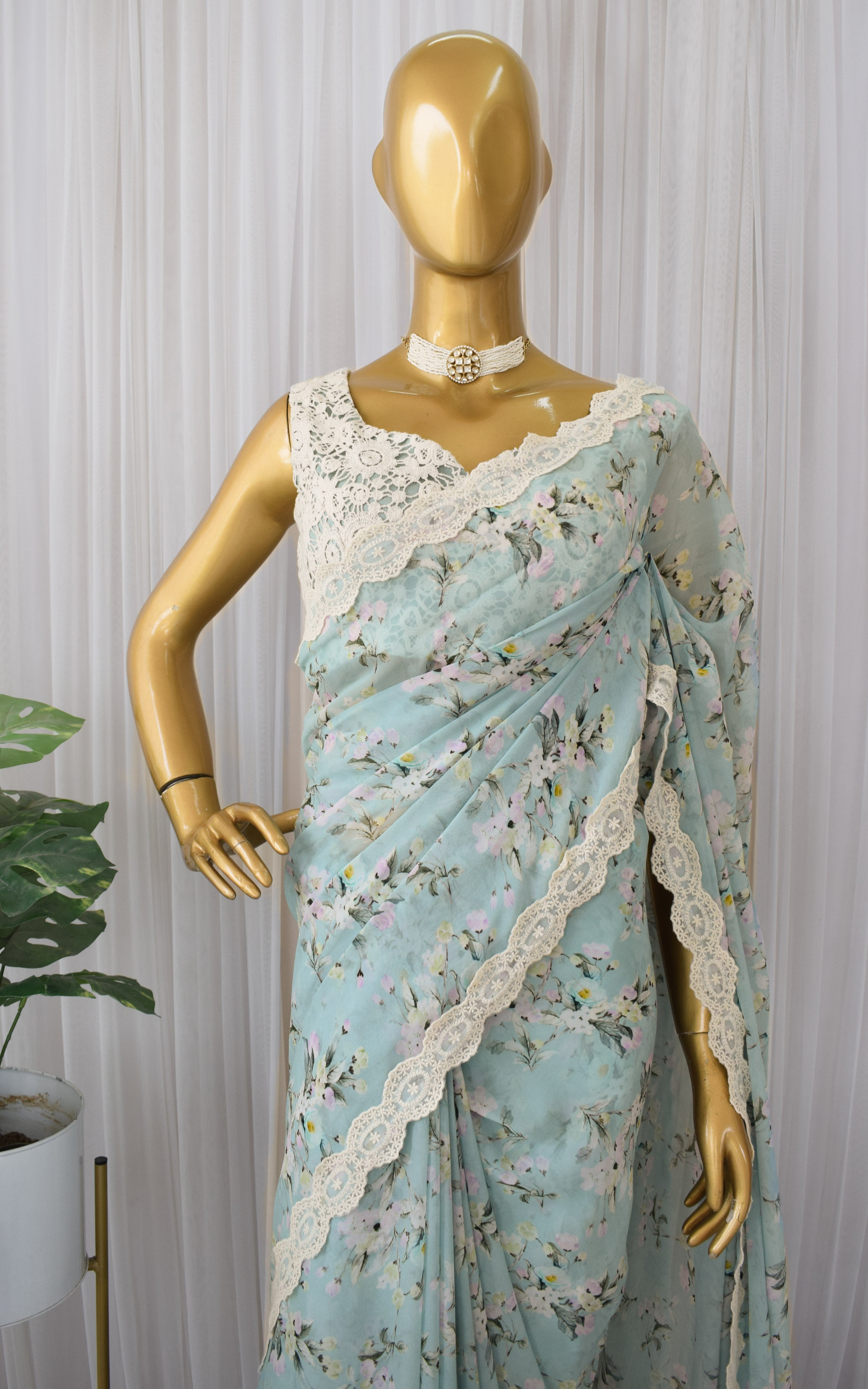 Light Blue Floral Printed Georgette Saree