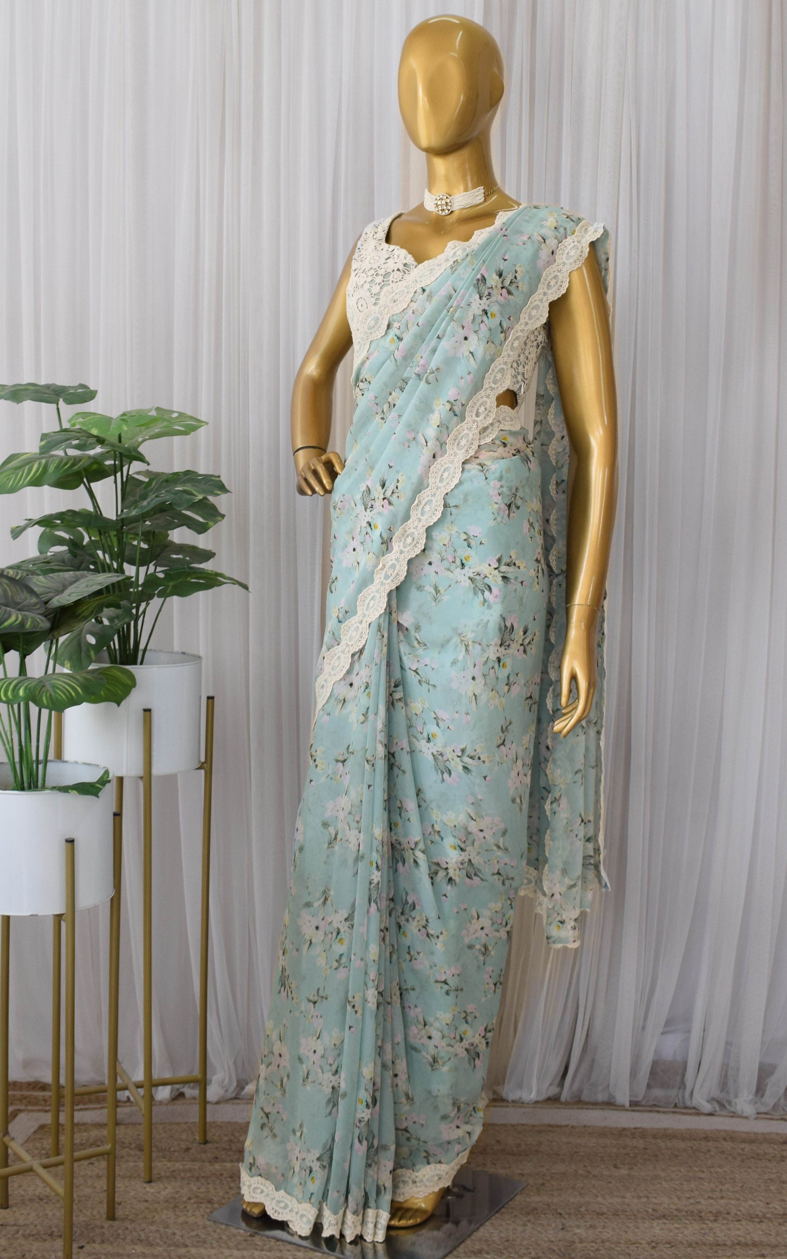 Light Blue Floral Printed Georgette Saree