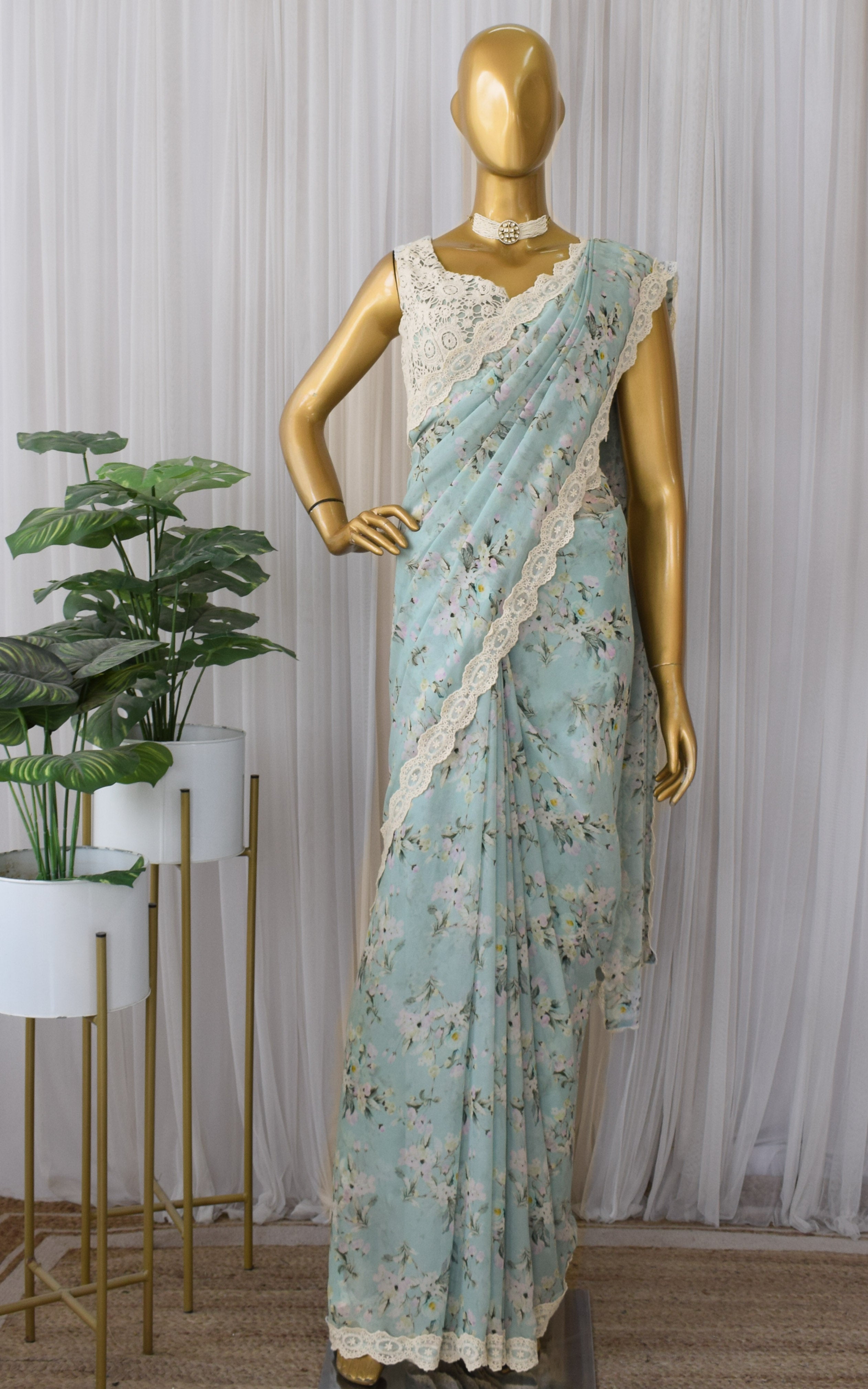 Light Blue Floral Printed Georgette Saree