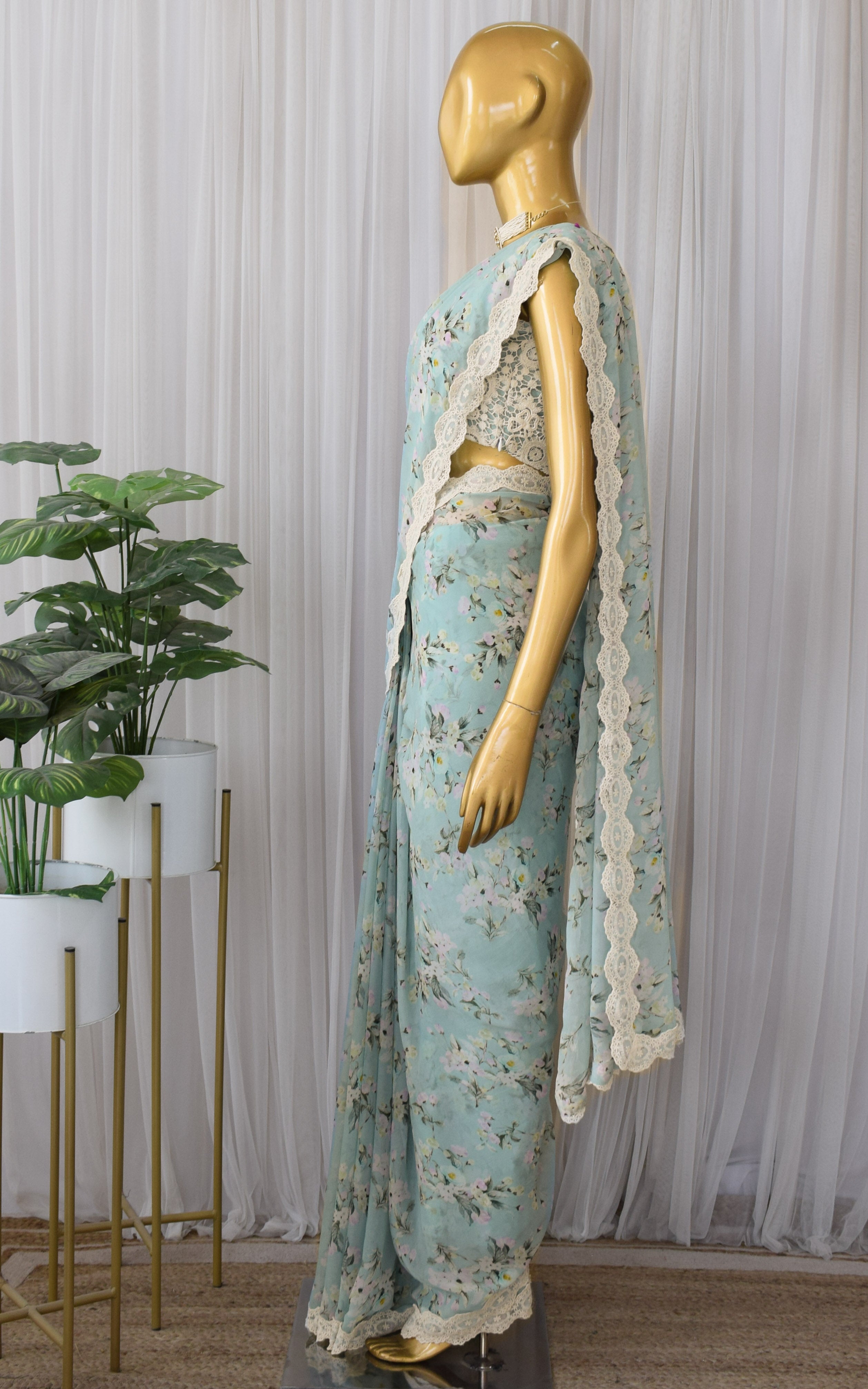 Light Blue Floral Printed Georgette Saree