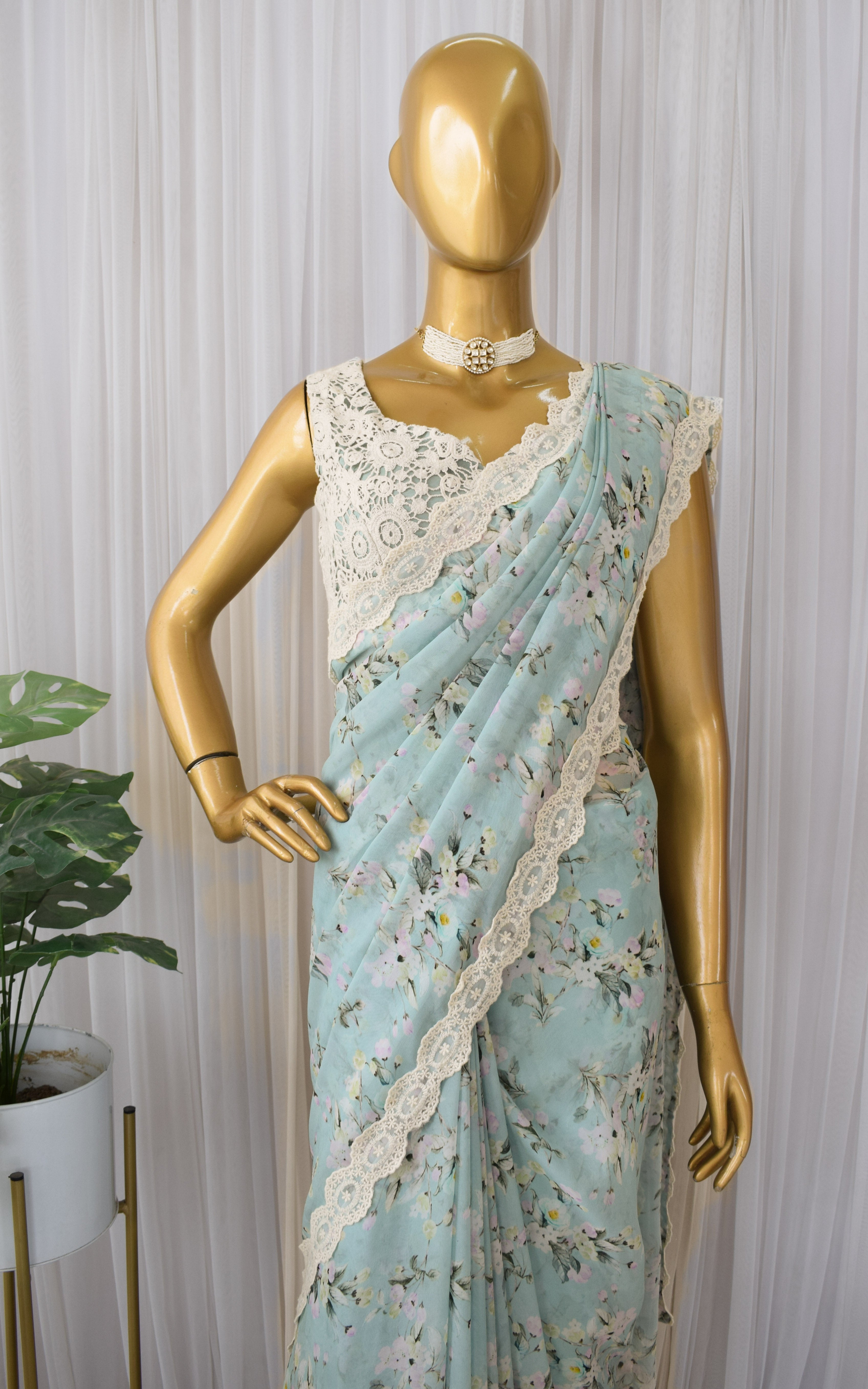 Light Blue Floral Printed Georgette Saree