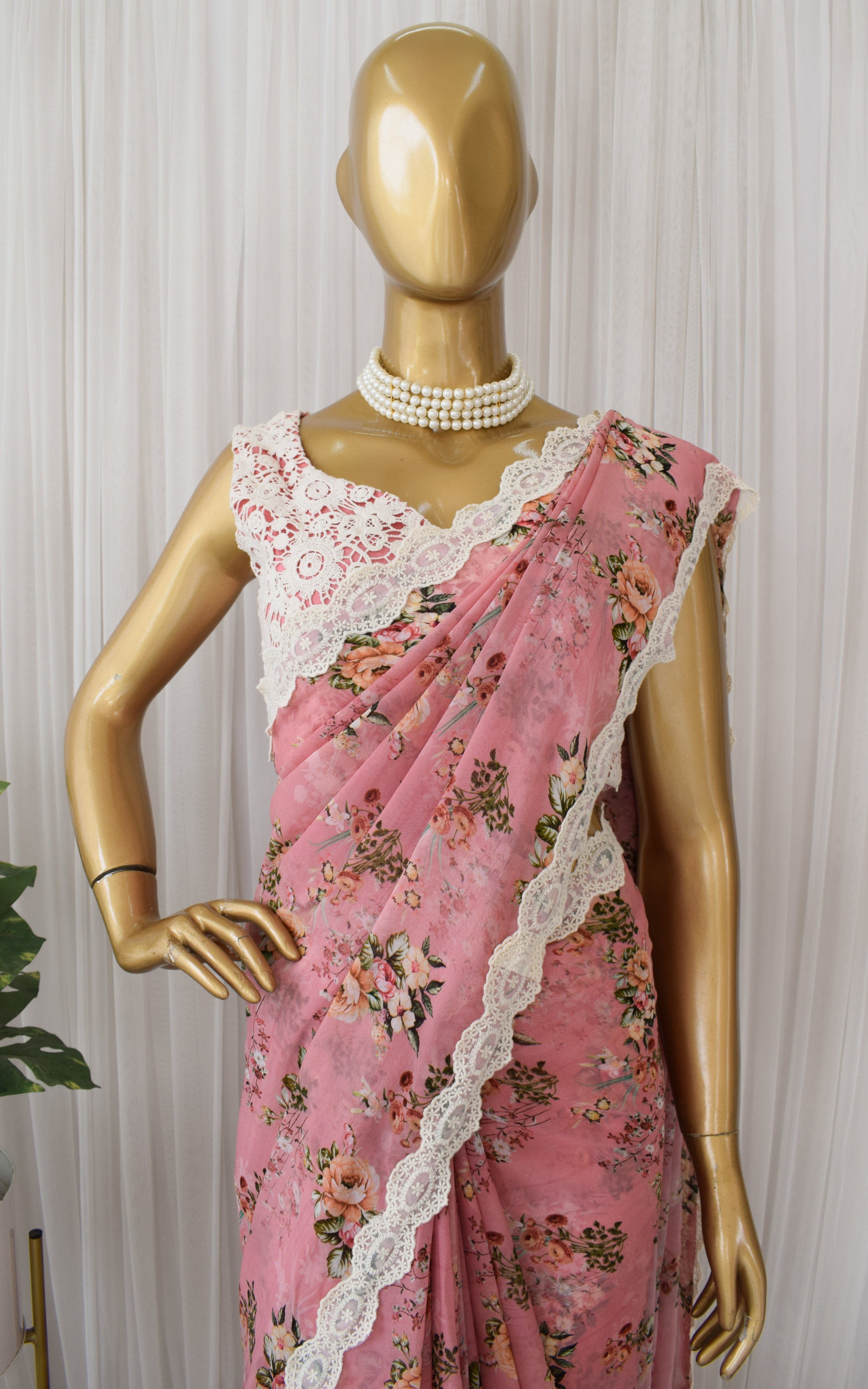 Vintage Pink Floral Printed Georgette Saree