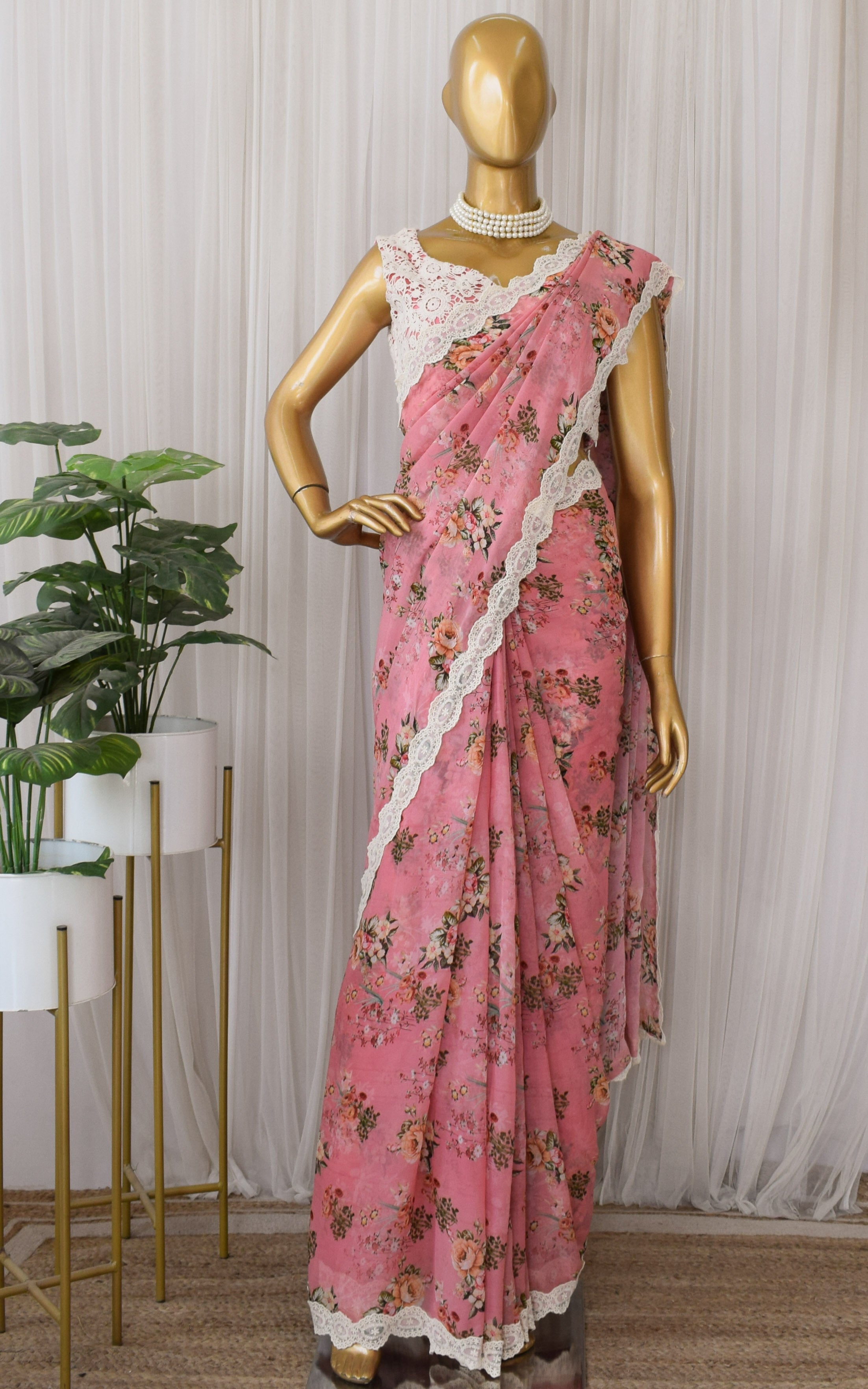 Vintage Pink Floral Printed Georgette Saree
