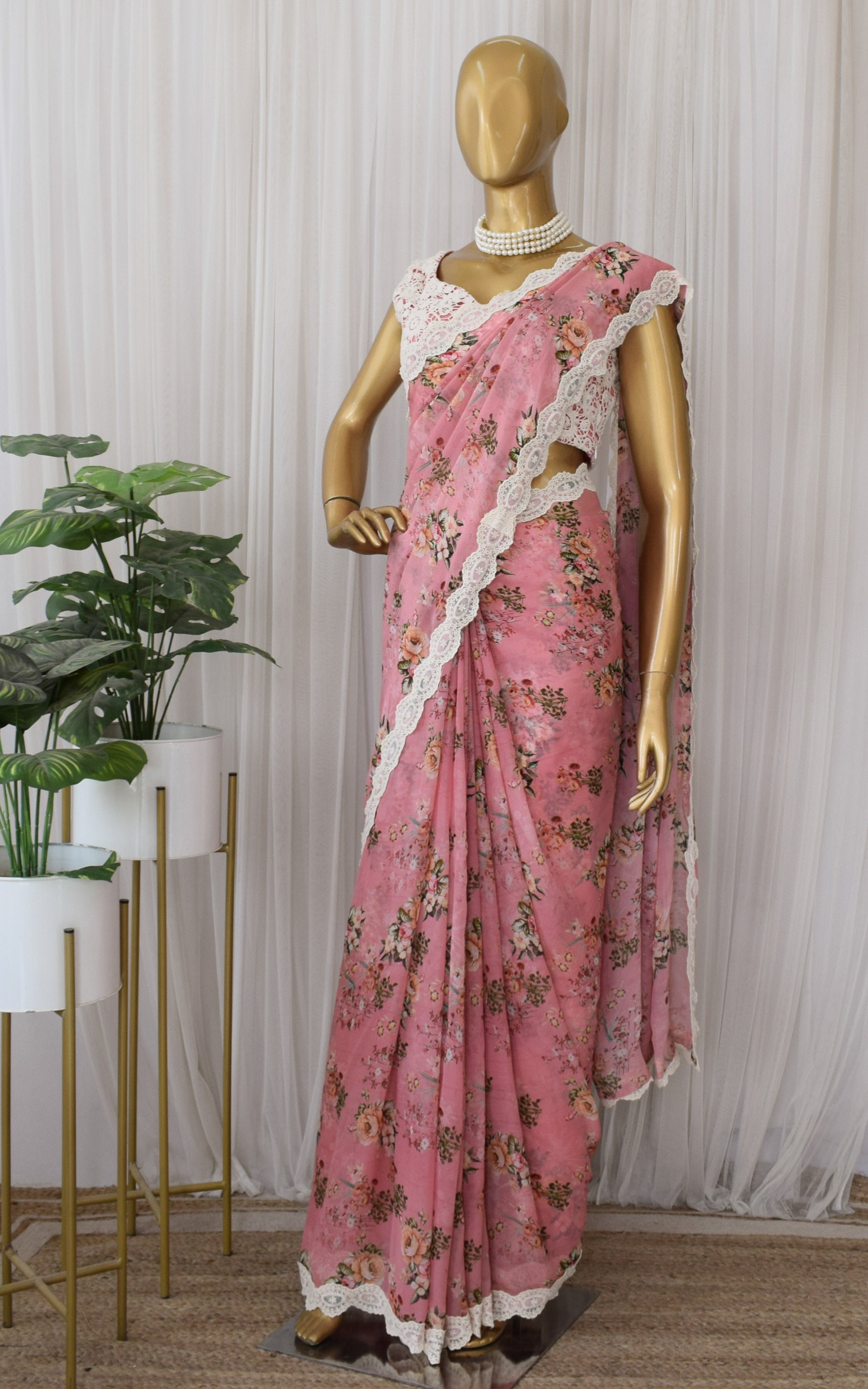 Vintage Pink Floral Printed Georgette Saree