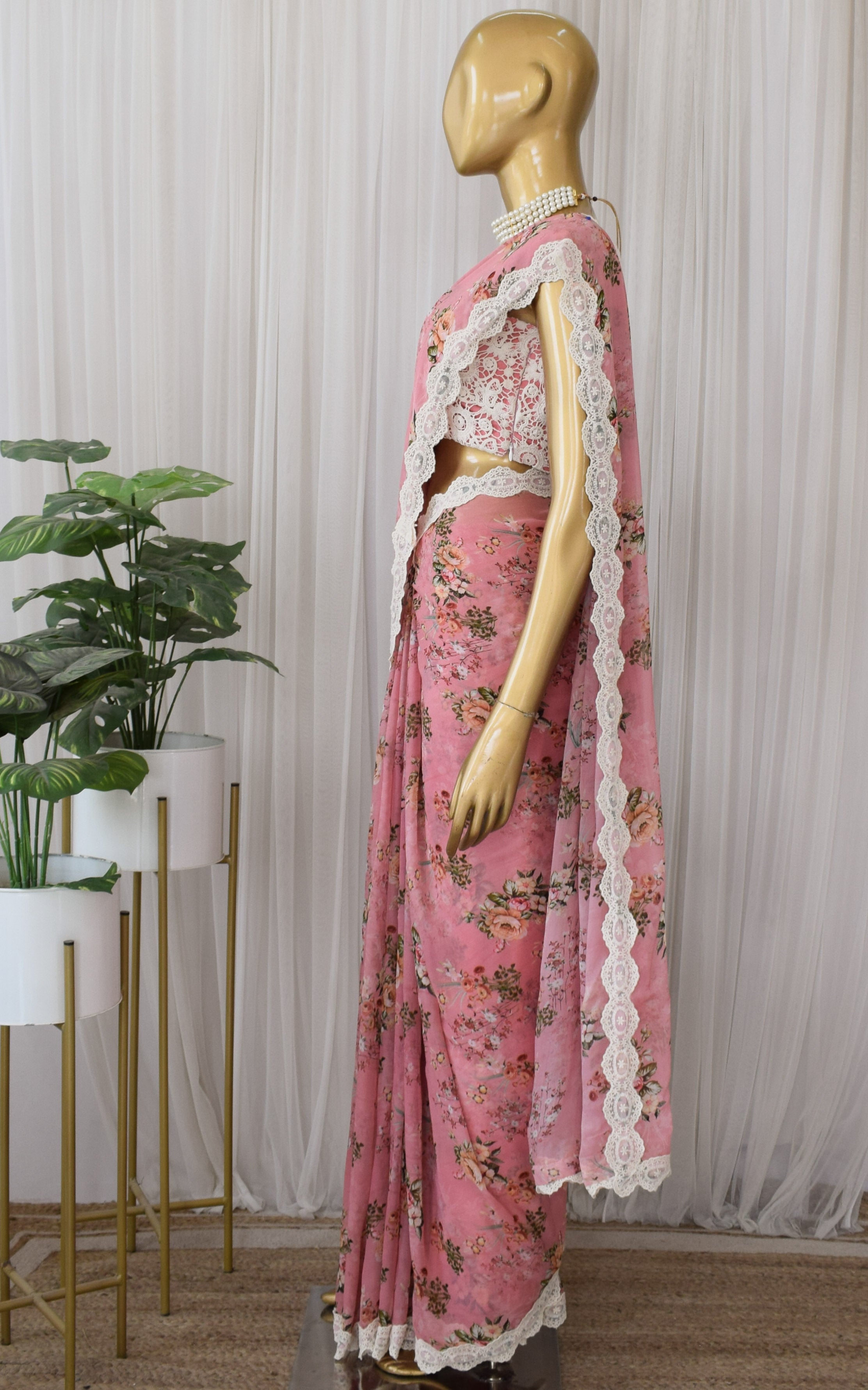 Vintage Pink Floral Printed Georgette Saree