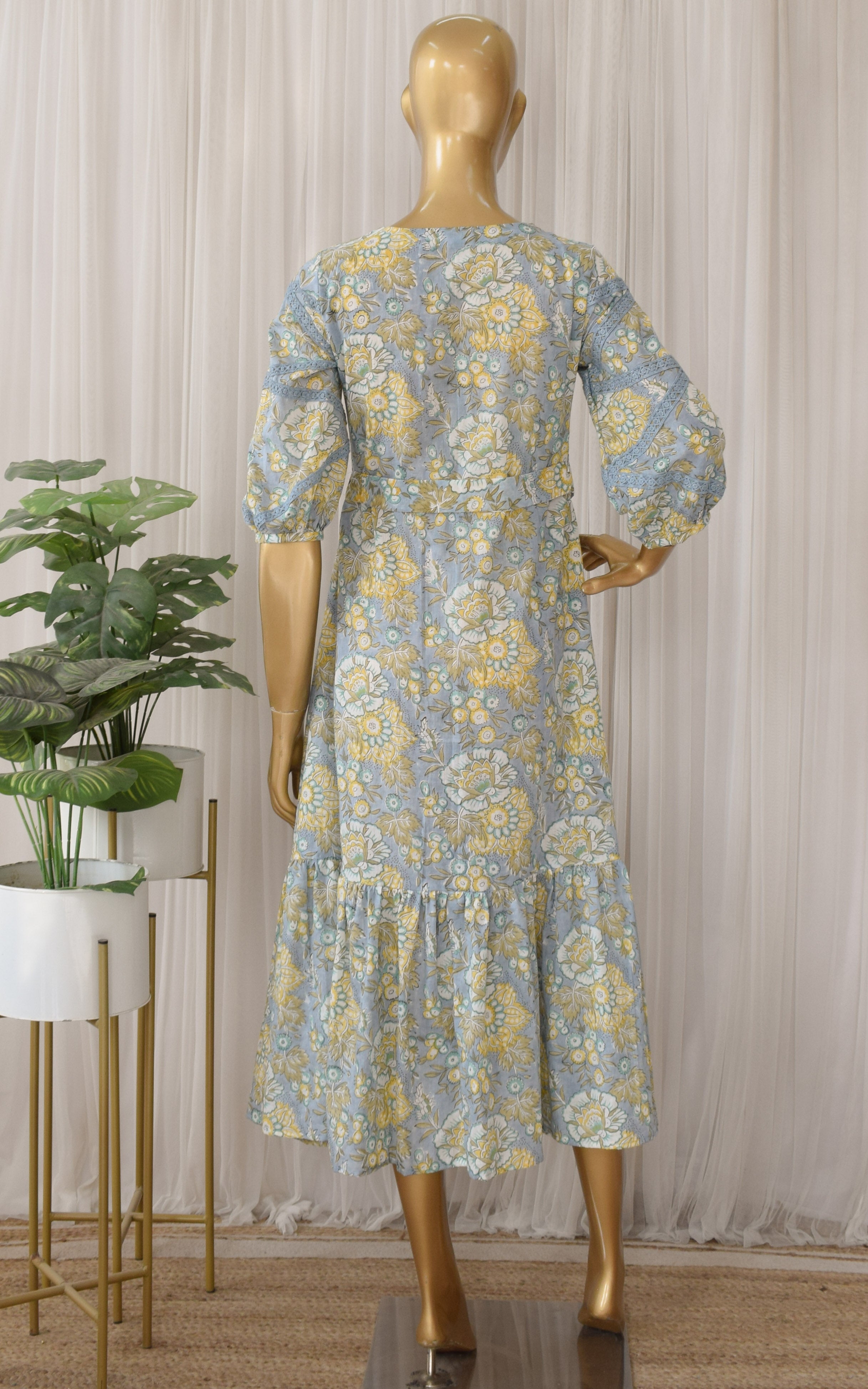 Grey Yellow Floral Print Midi Dress