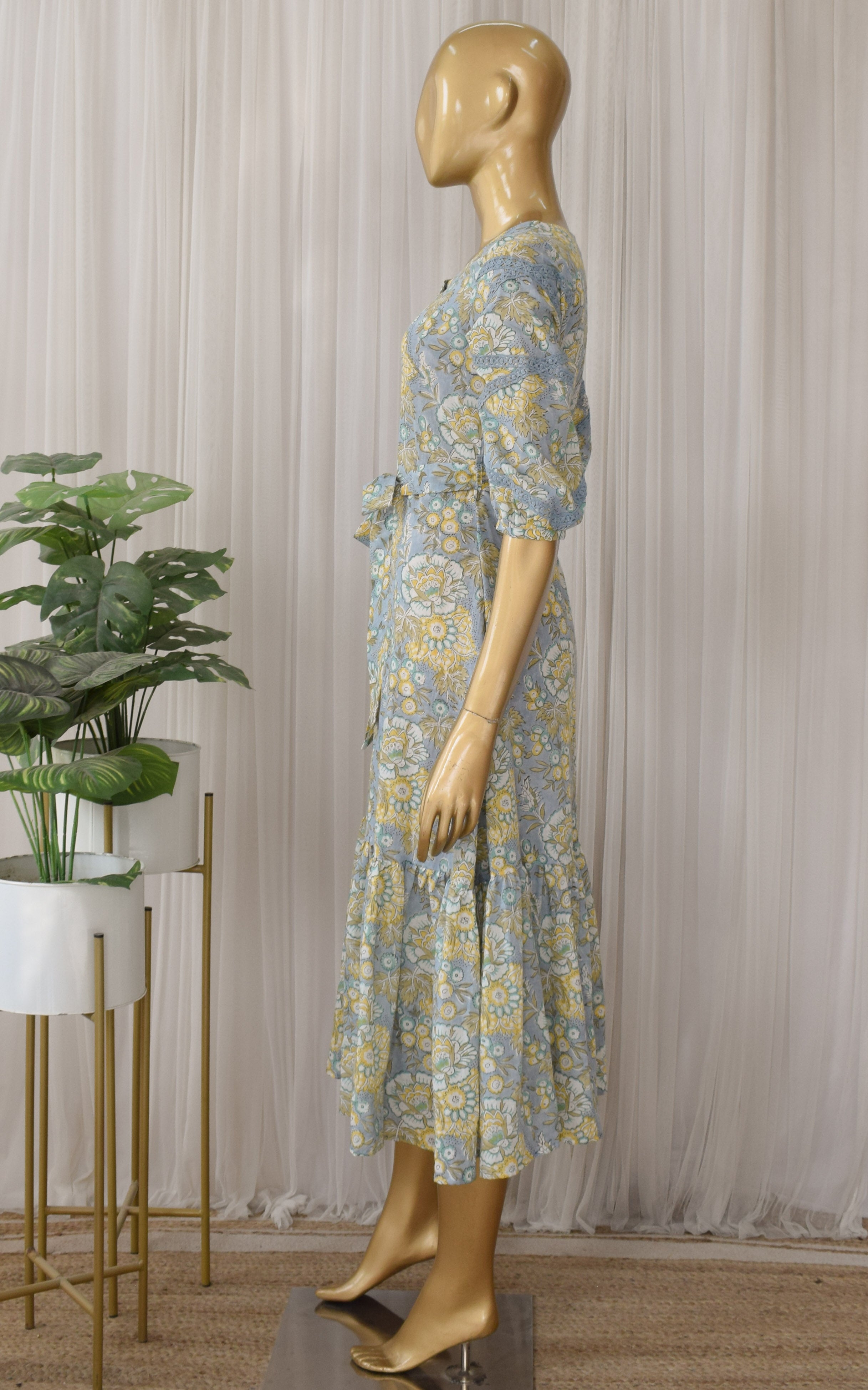 Grey Yellow Floral Print Midi Dress