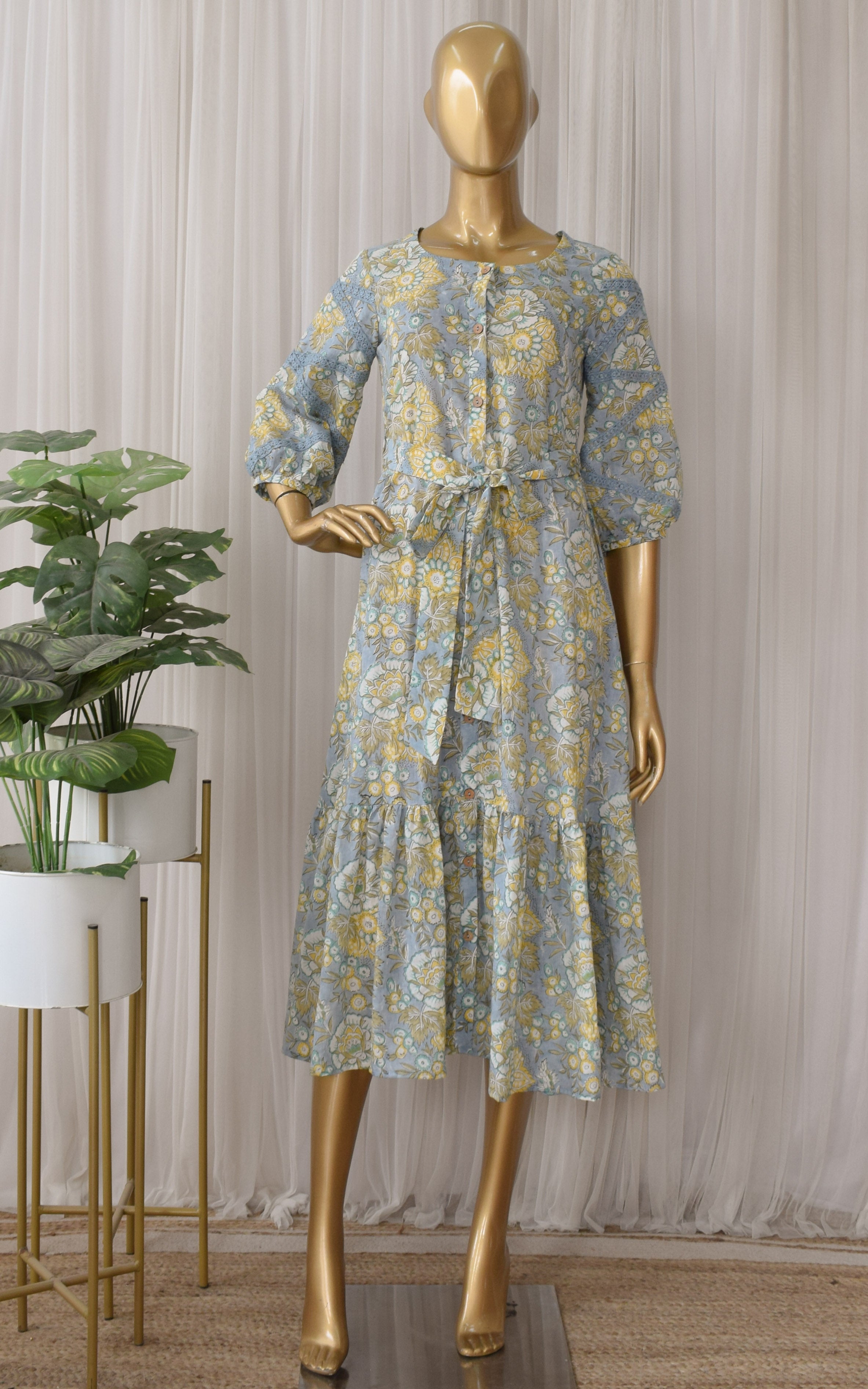 Grey Yellow Floral Print Midi Dress