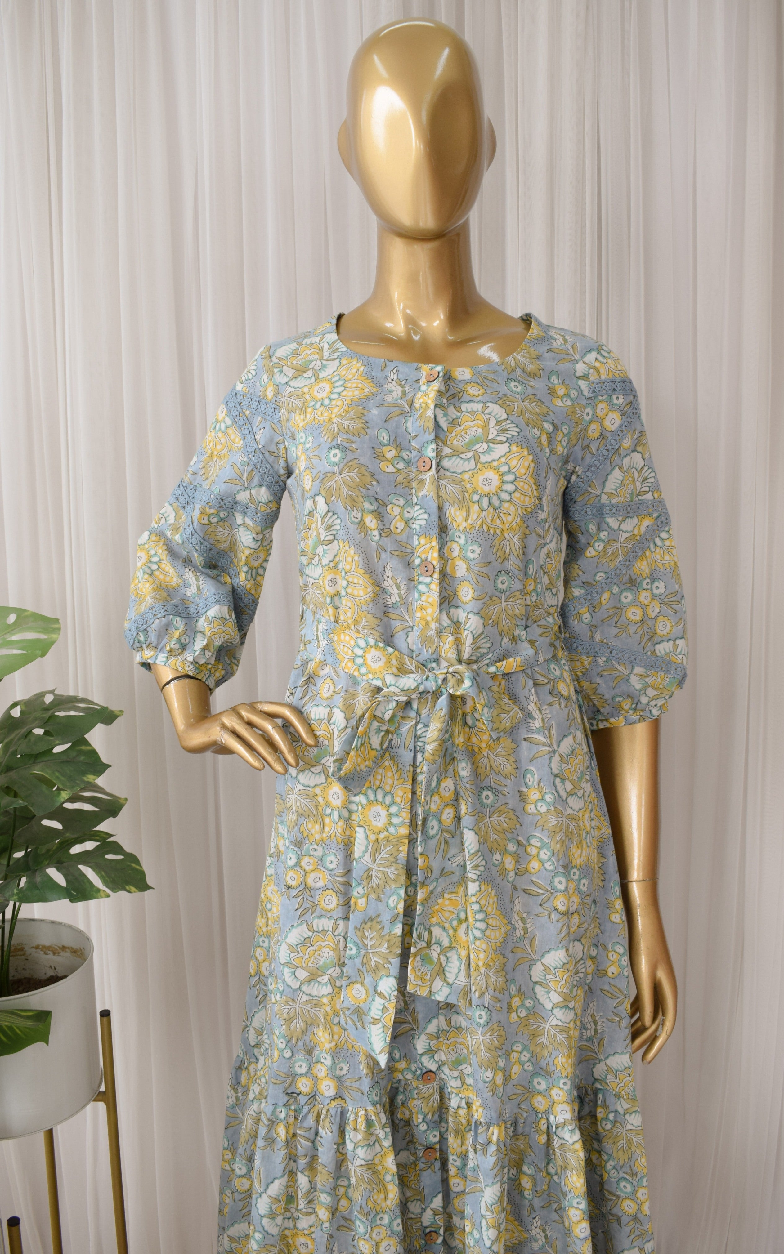 Grey Yellow Floral Print Midi Dress