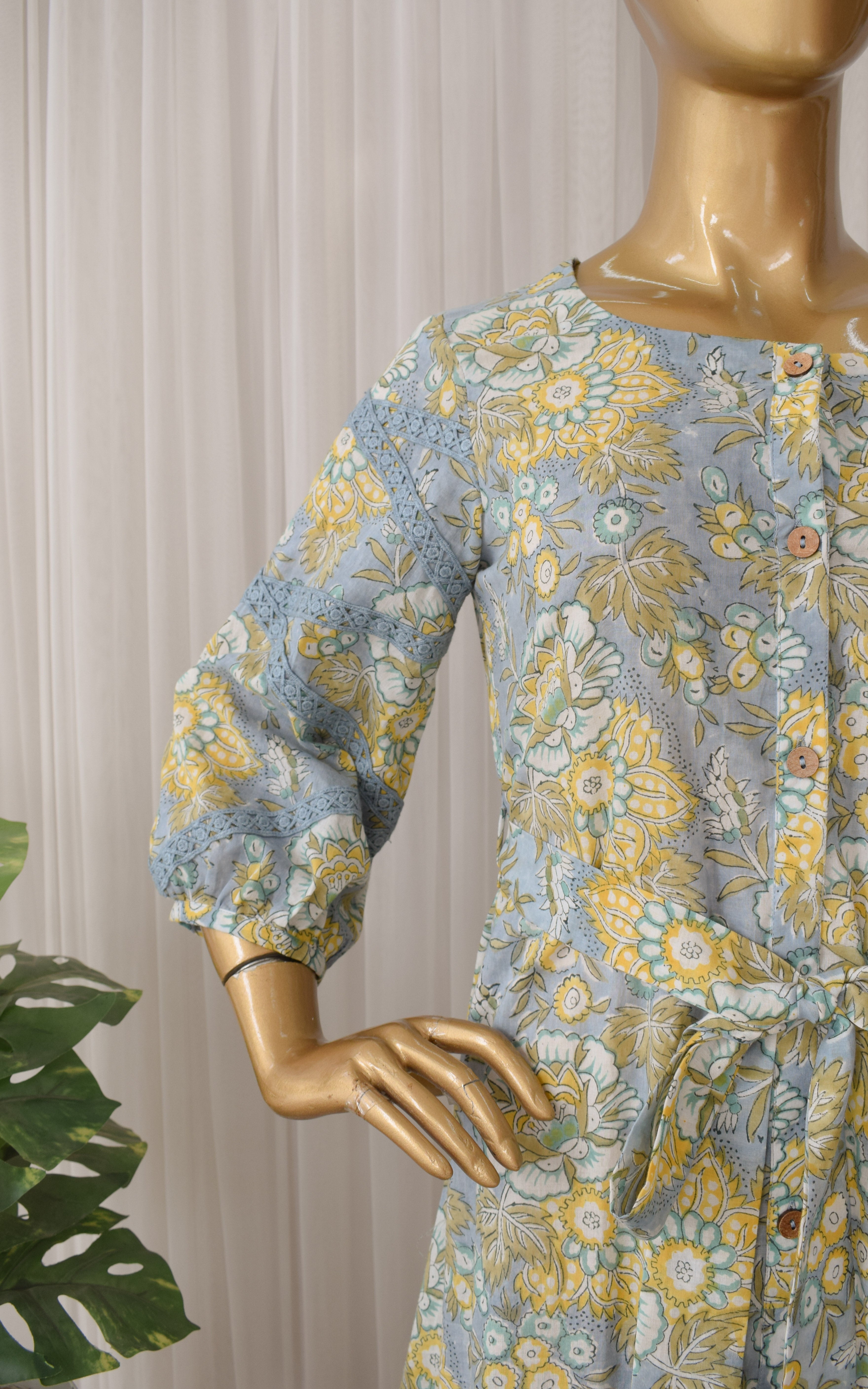 Grey Yellow Floral Print Midi Dress