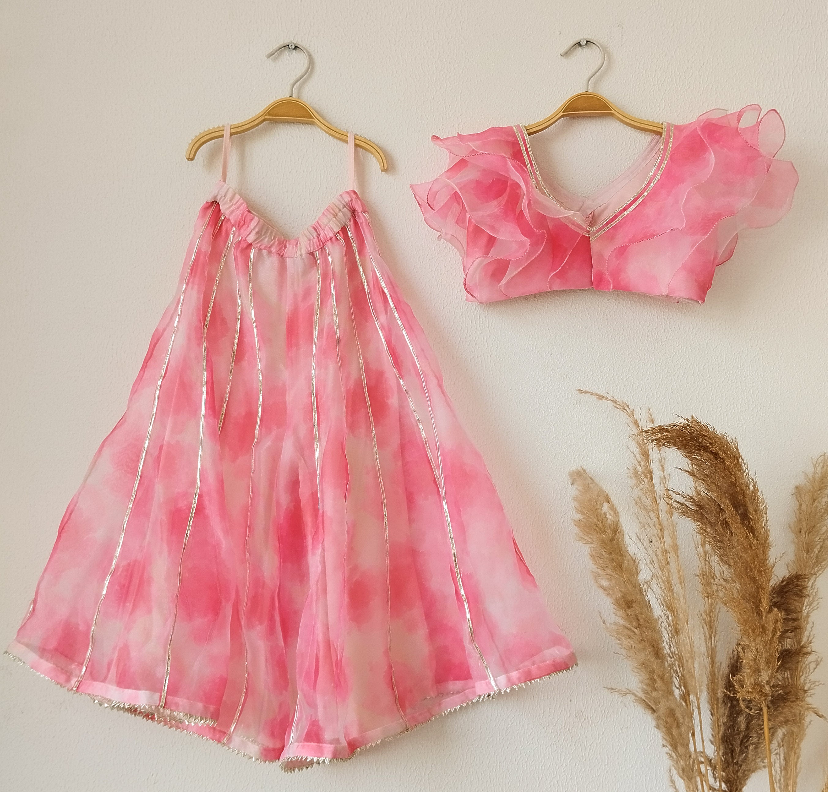 Pink Marble Ruffle Organza Kids Crop-Top & Sharara