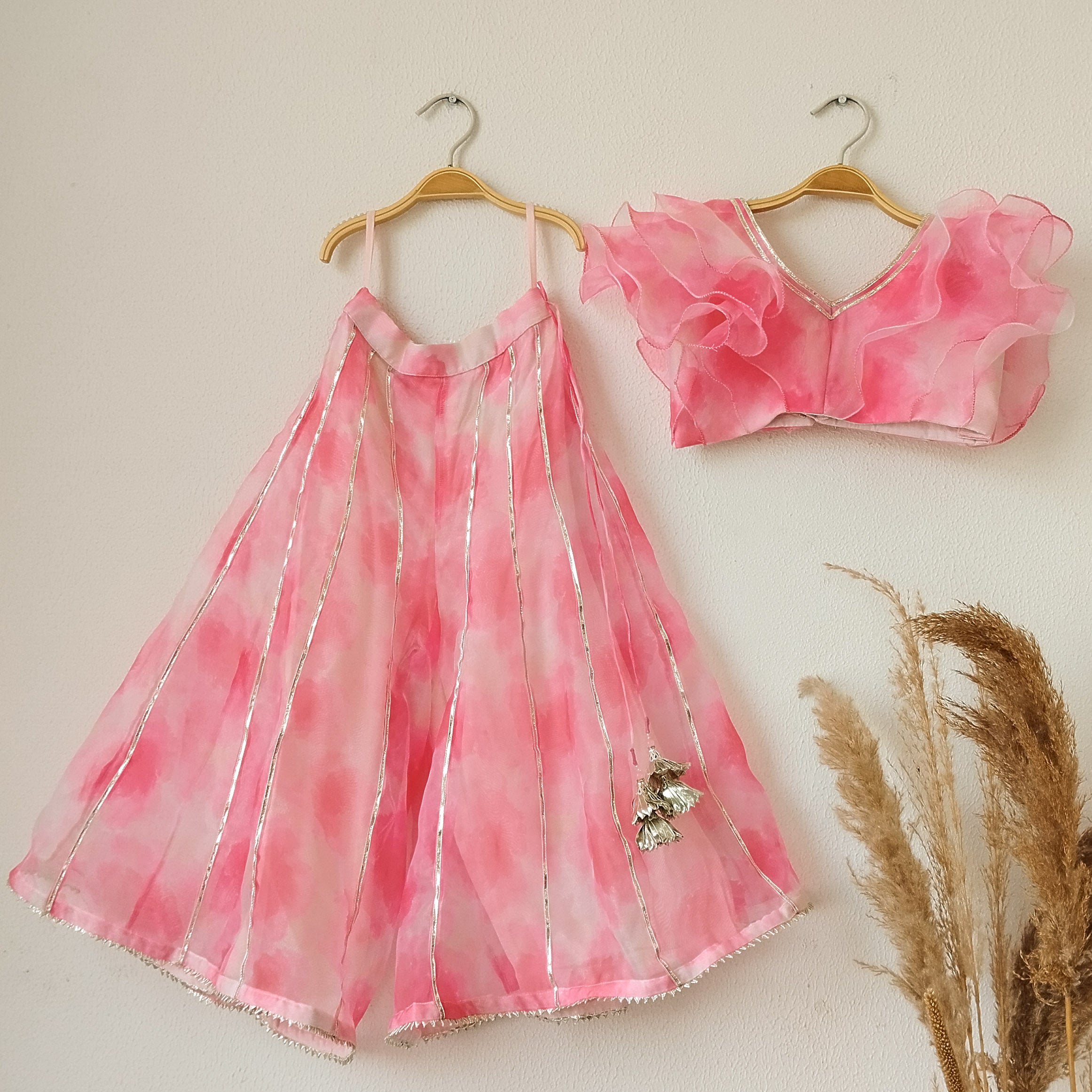 Pink Marble Ruffle Organza Kids Crop-Top & Sharara