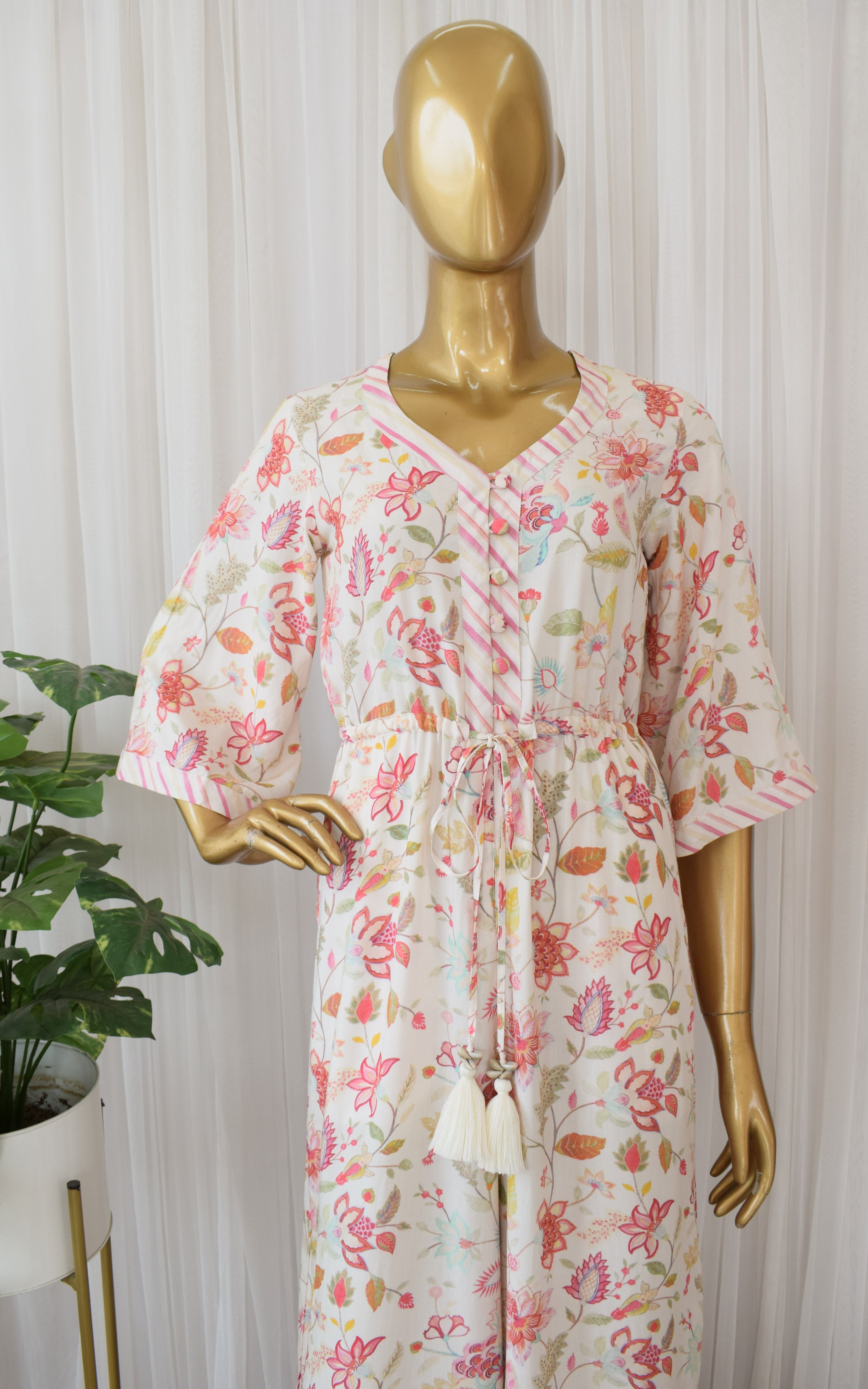 Cream Floral Print Cotton Jumpsuit