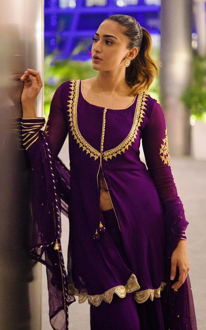 Erica Fernandes Purple Marodi Work Sharara Set