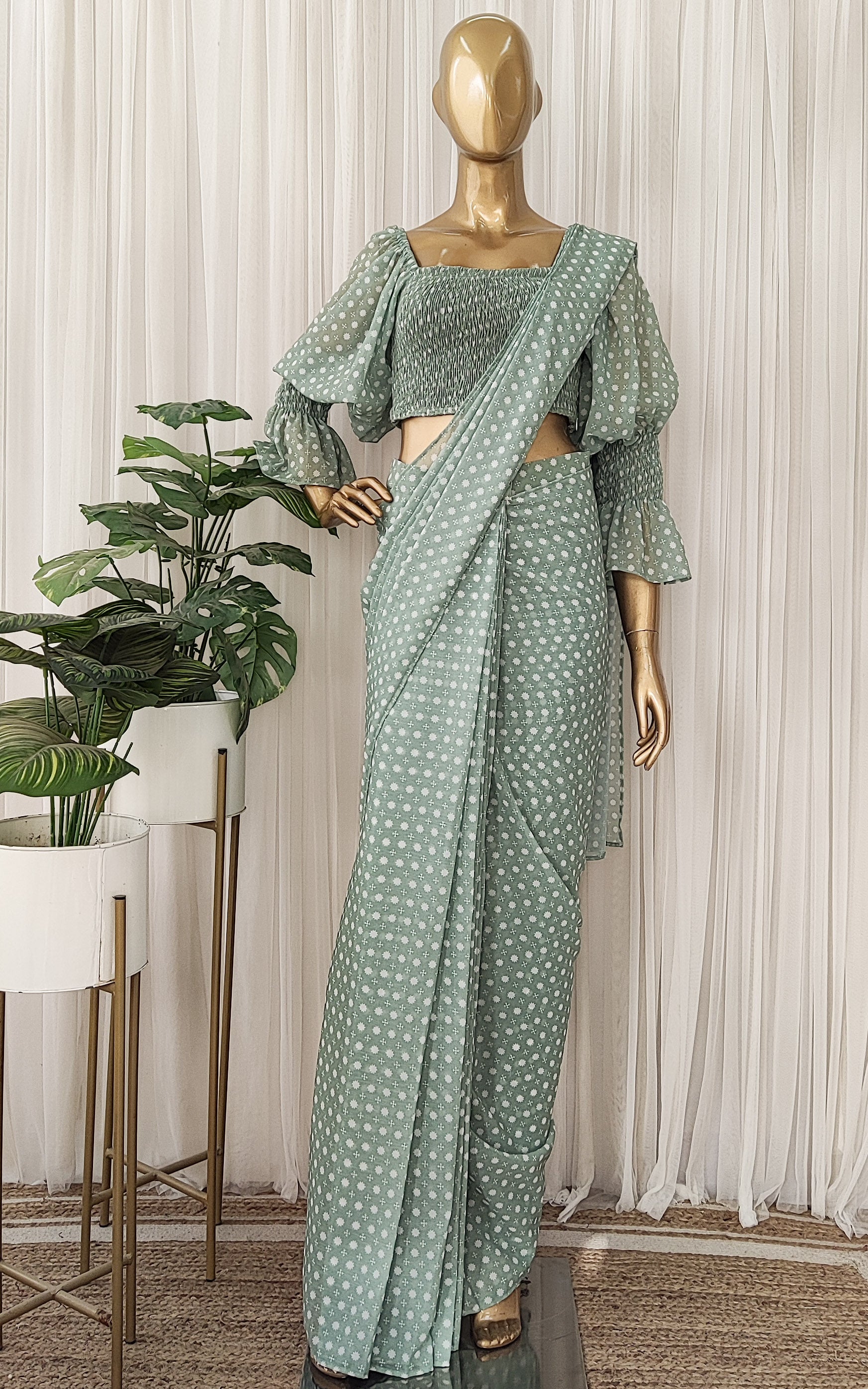 Sage Green Pre-Stitched Saree With Smocked Crop-Top