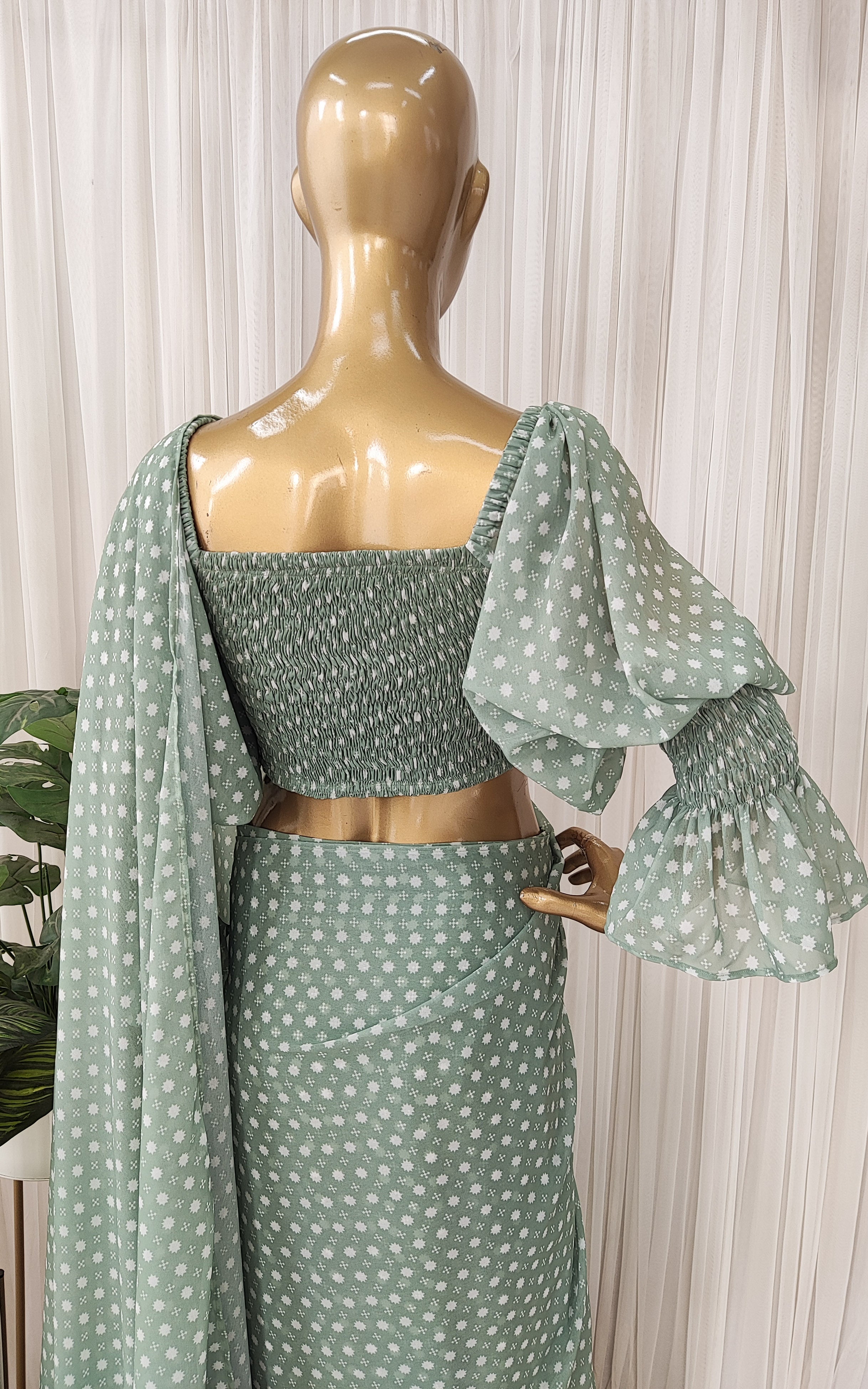 Sage Green Pre-Stitched Saree With Smocked Crop-Top