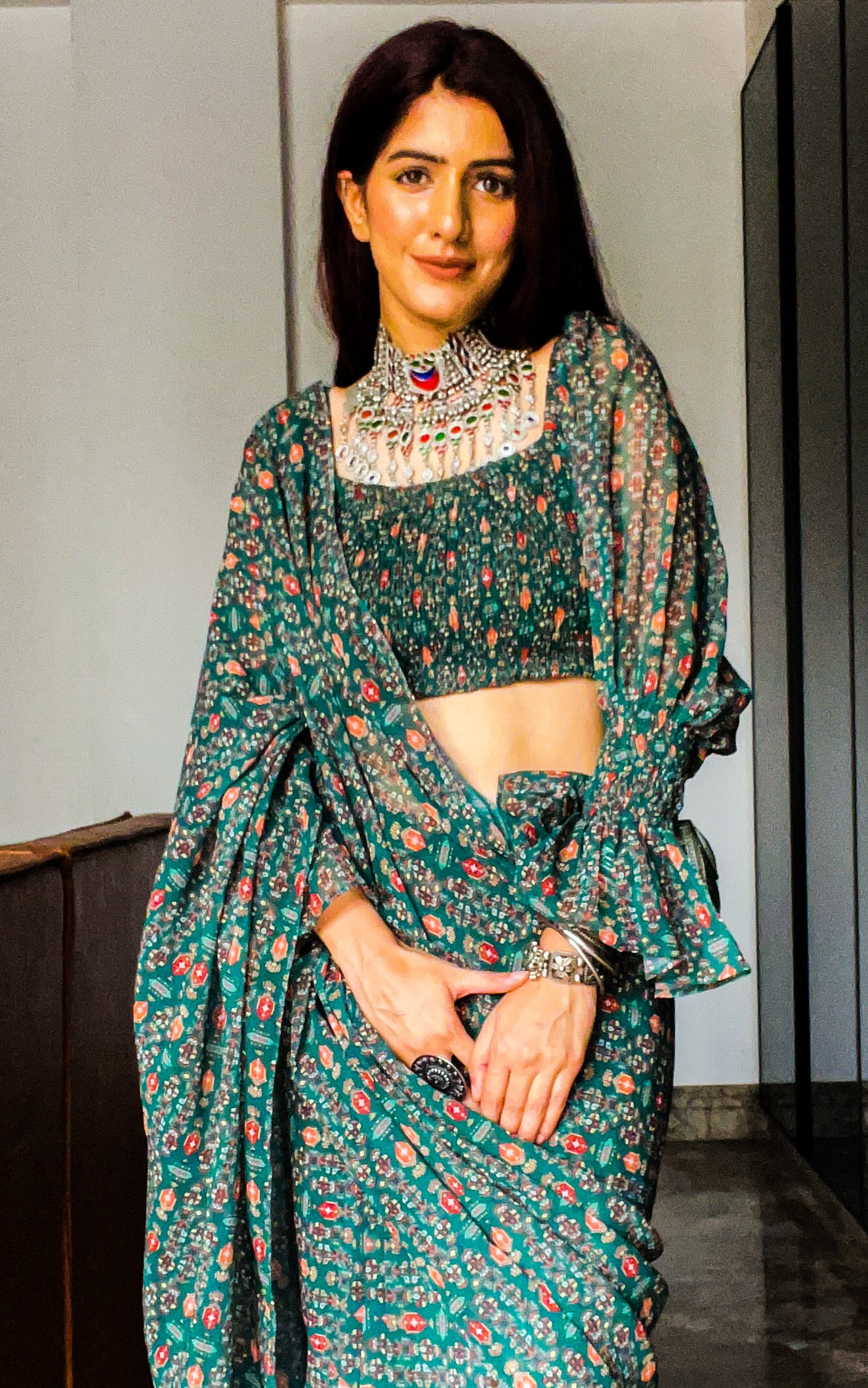 Shreya Arora Bottle Green Pre-Stitched Printed Georgette Saree With Smocked Crop Top