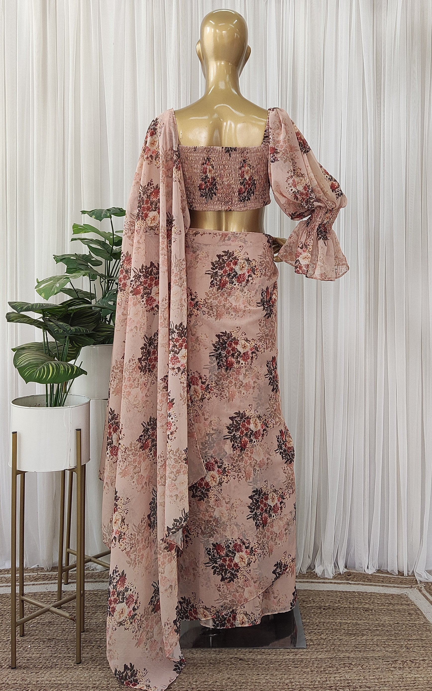 Sepia Floral Pre-Stitched Saree with Smocked Crop Top