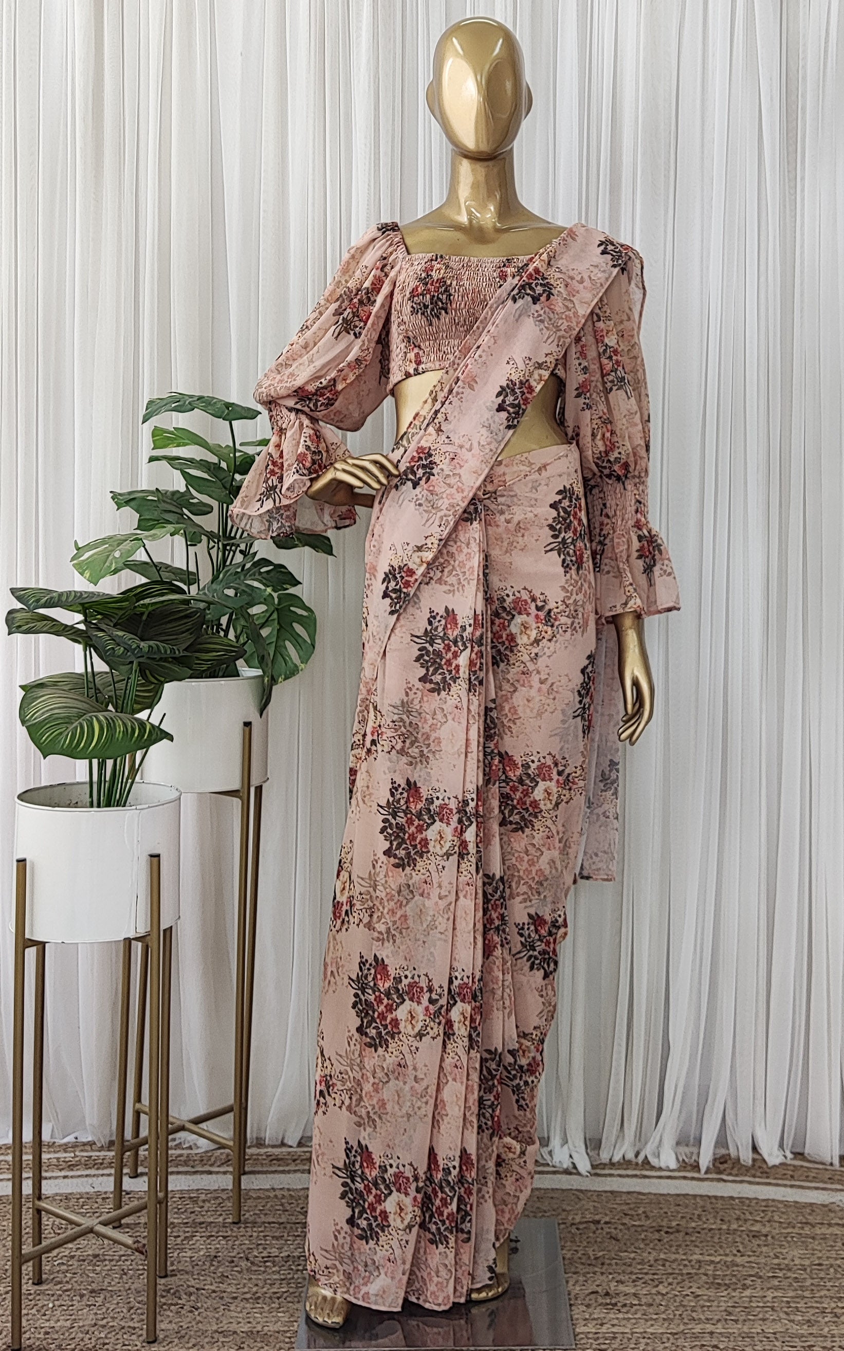 Sepia Floral Pre-Stitched Saree with Smocked Crop Top