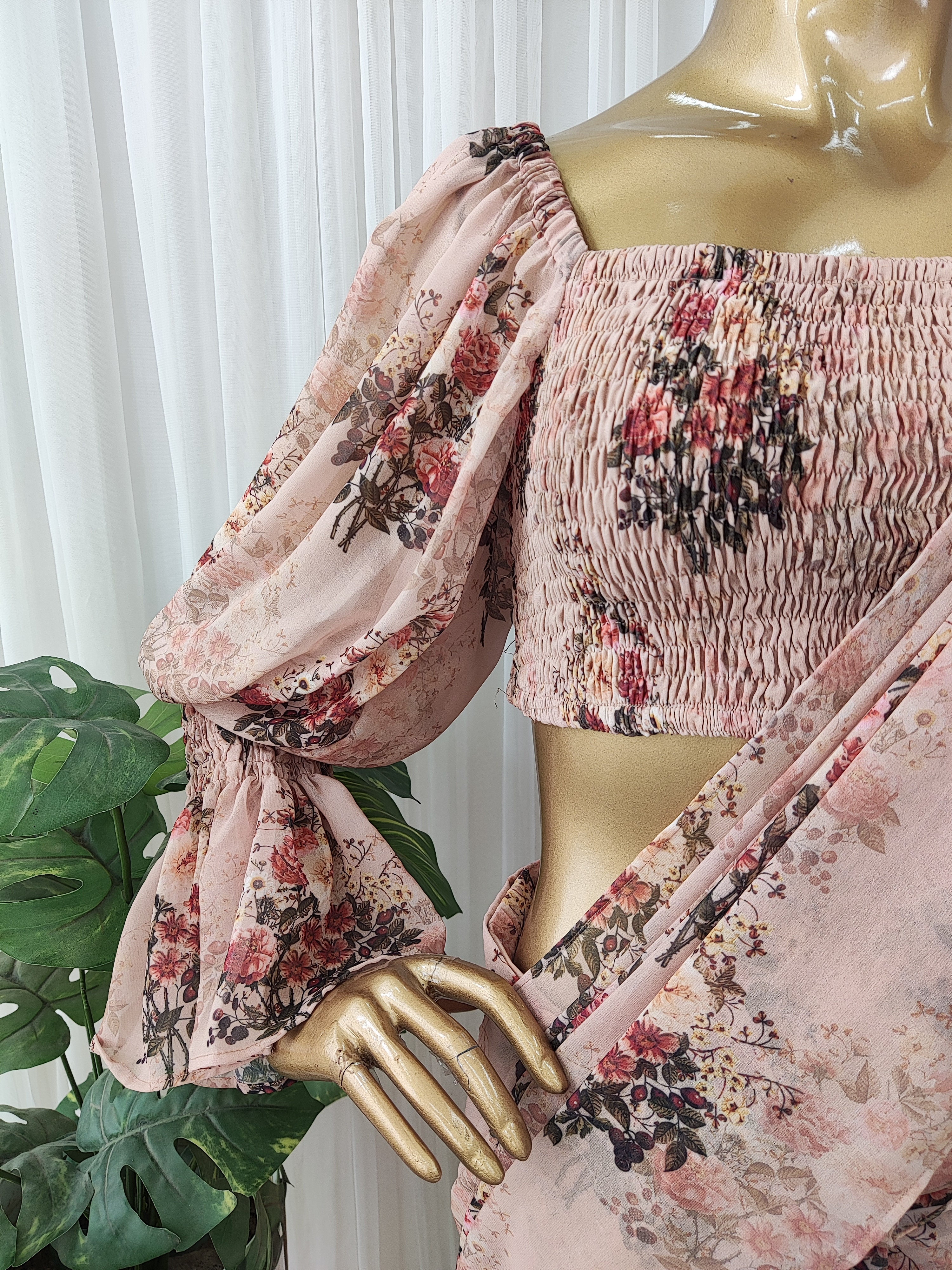 Sepia Floral Pre-Stitched Saree with Smocked Crop Top