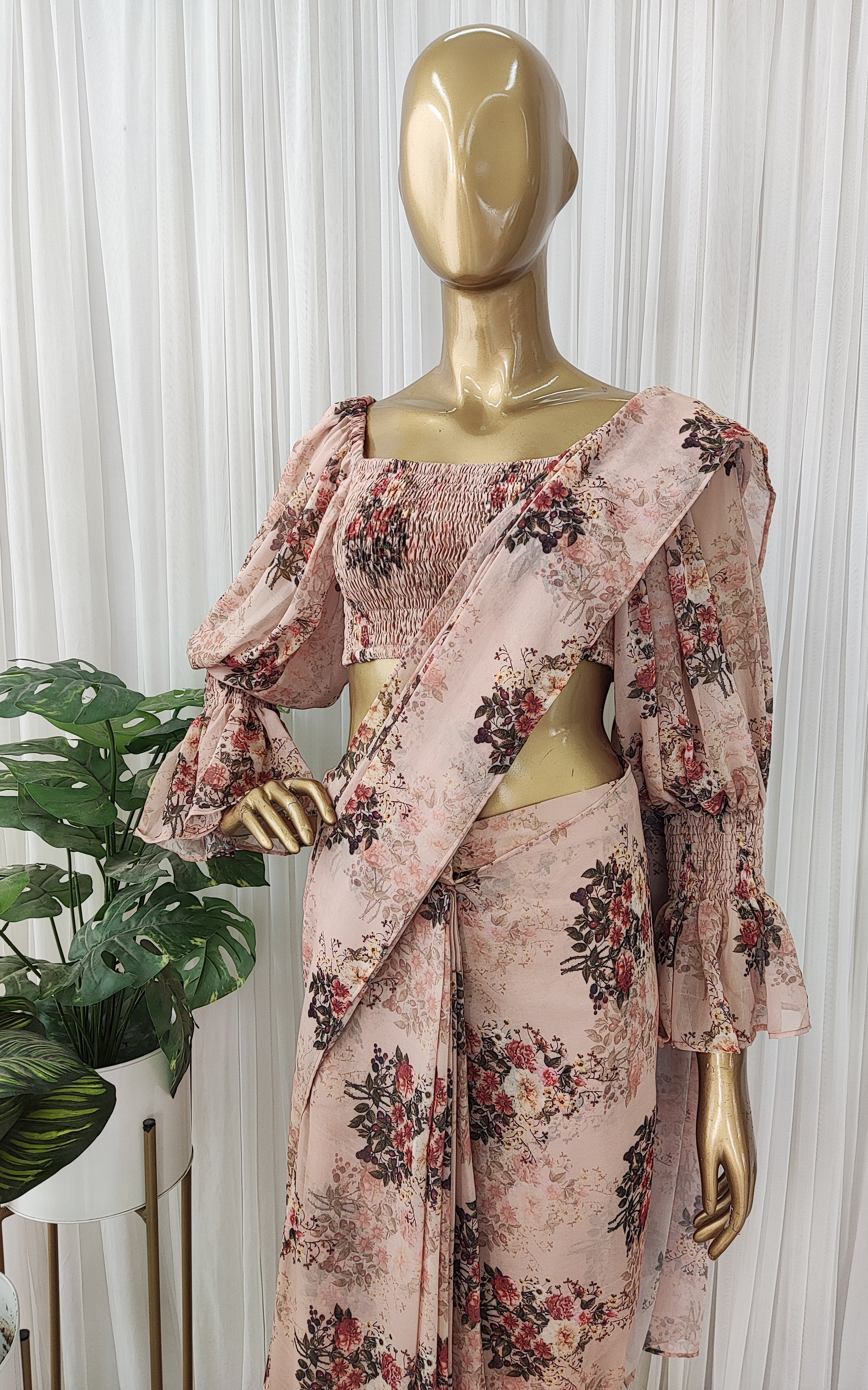 Sepia Floral Pre-Stitched Saree with Smocked Crop Top