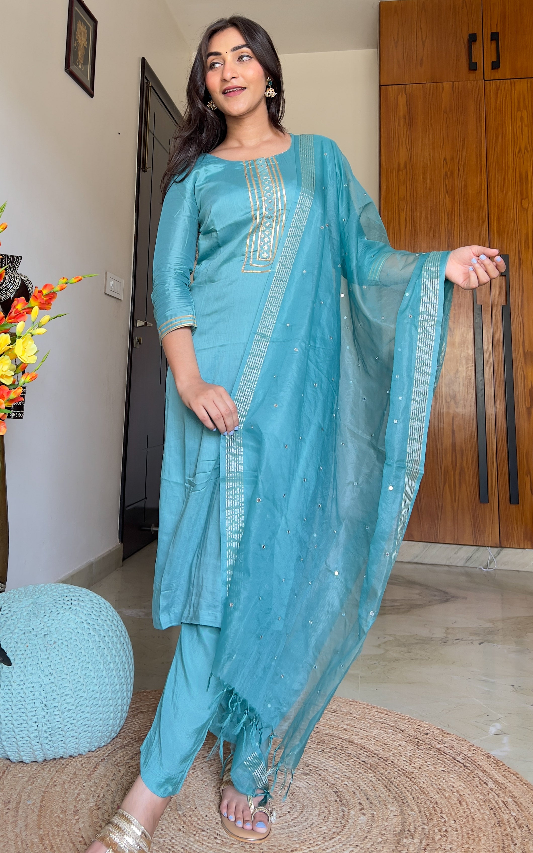 Deepa Jade Blue Kurta Set with Mirror-work Organza Dupatta