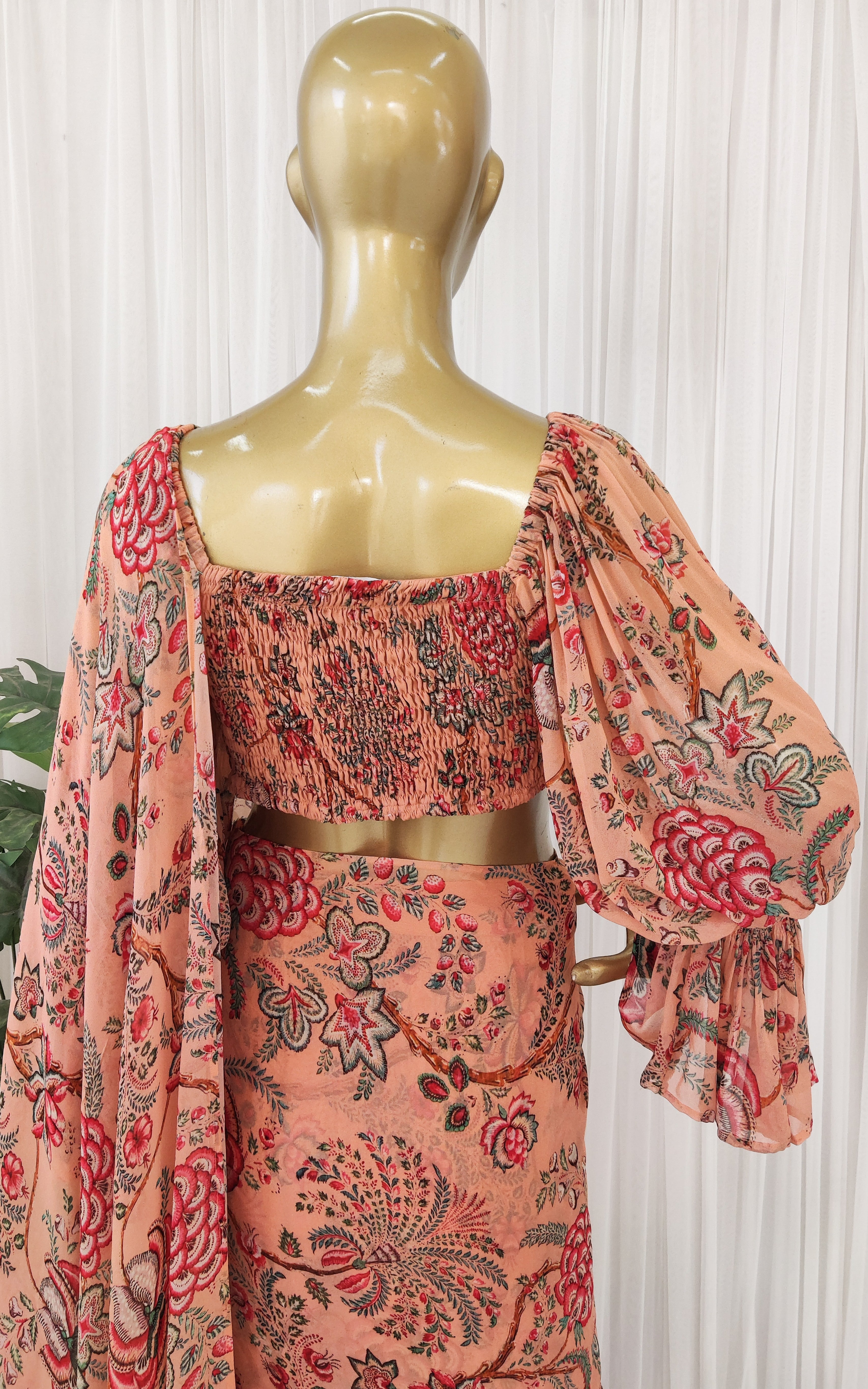 Peach Floral Pre-Stitched Saree with Smocked Crop Top