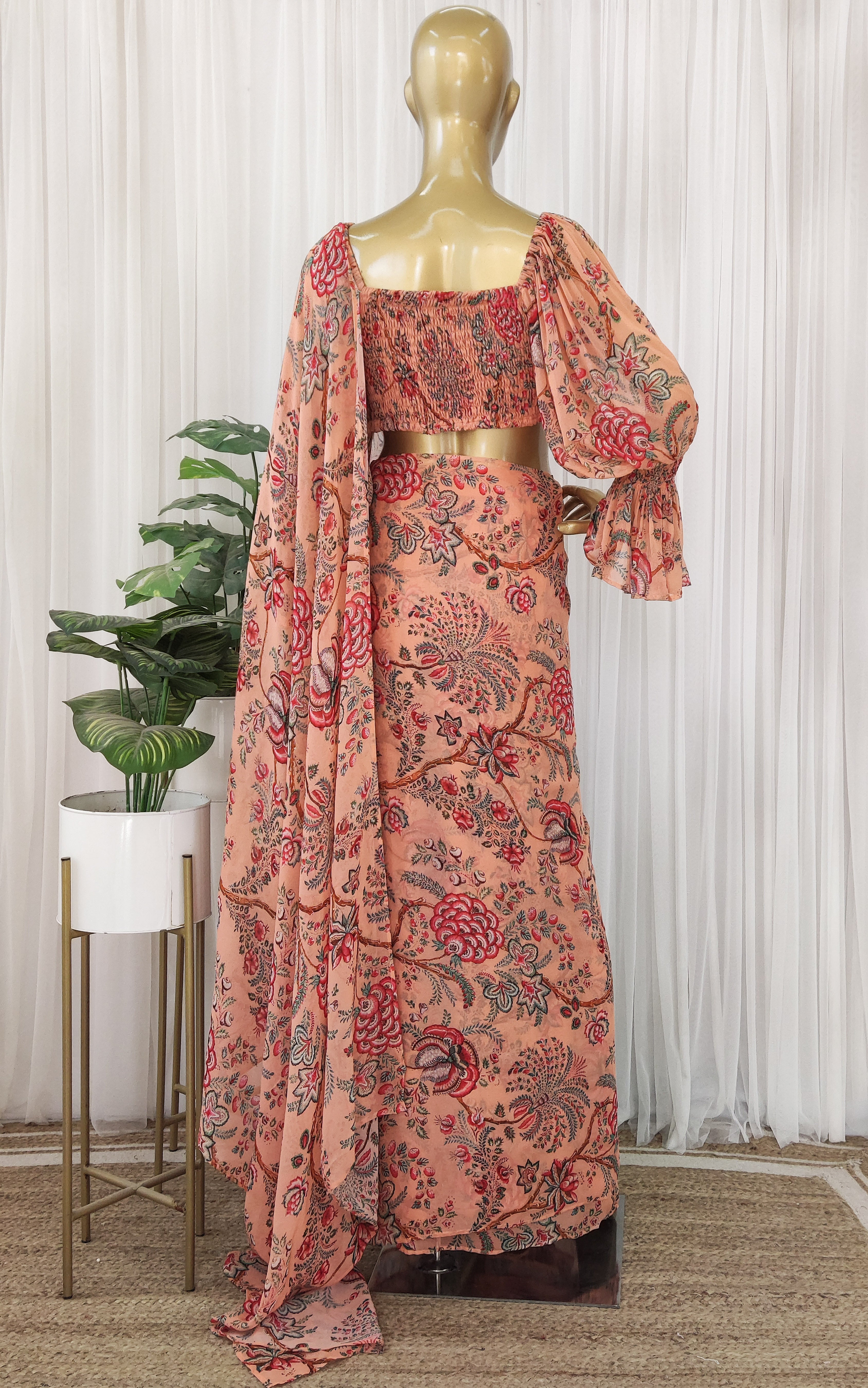 Peach Floral Pre-Stitched Saree with Smocked Crop Top
