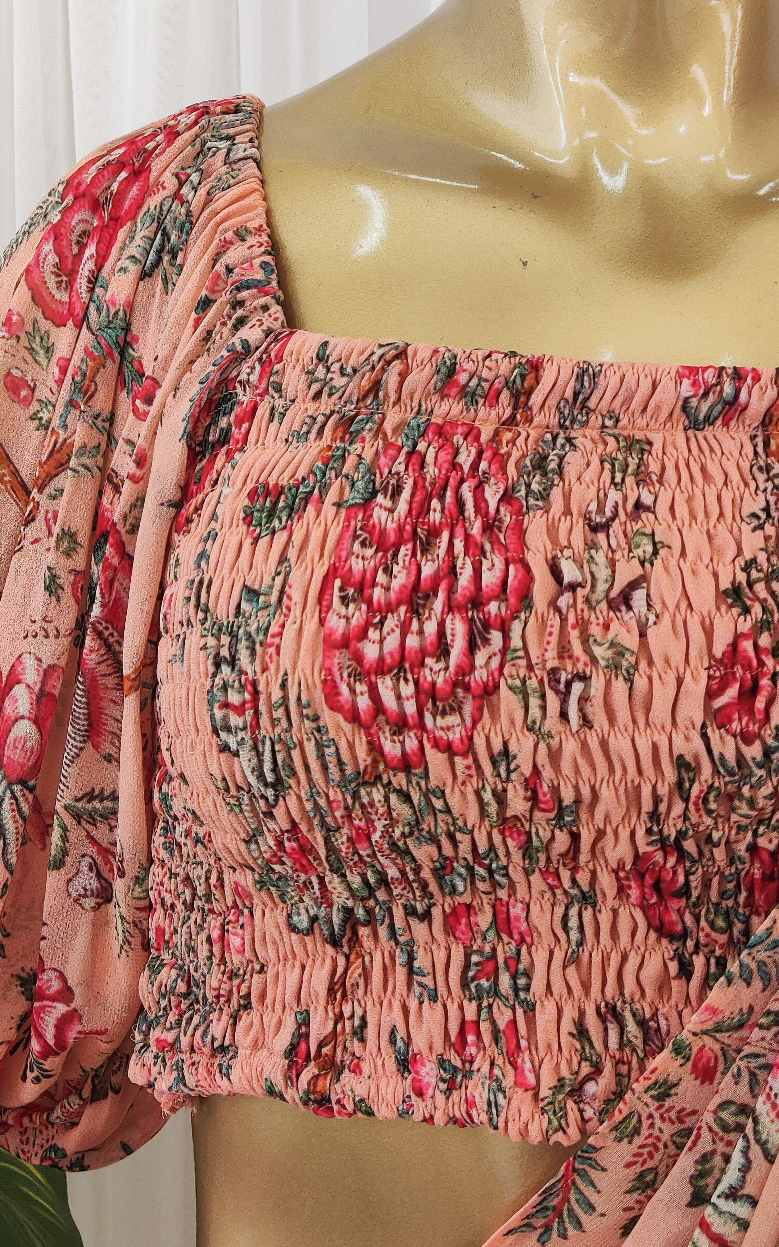 Peach Floral Pre-Stitched Saree with Smocked Crop Top