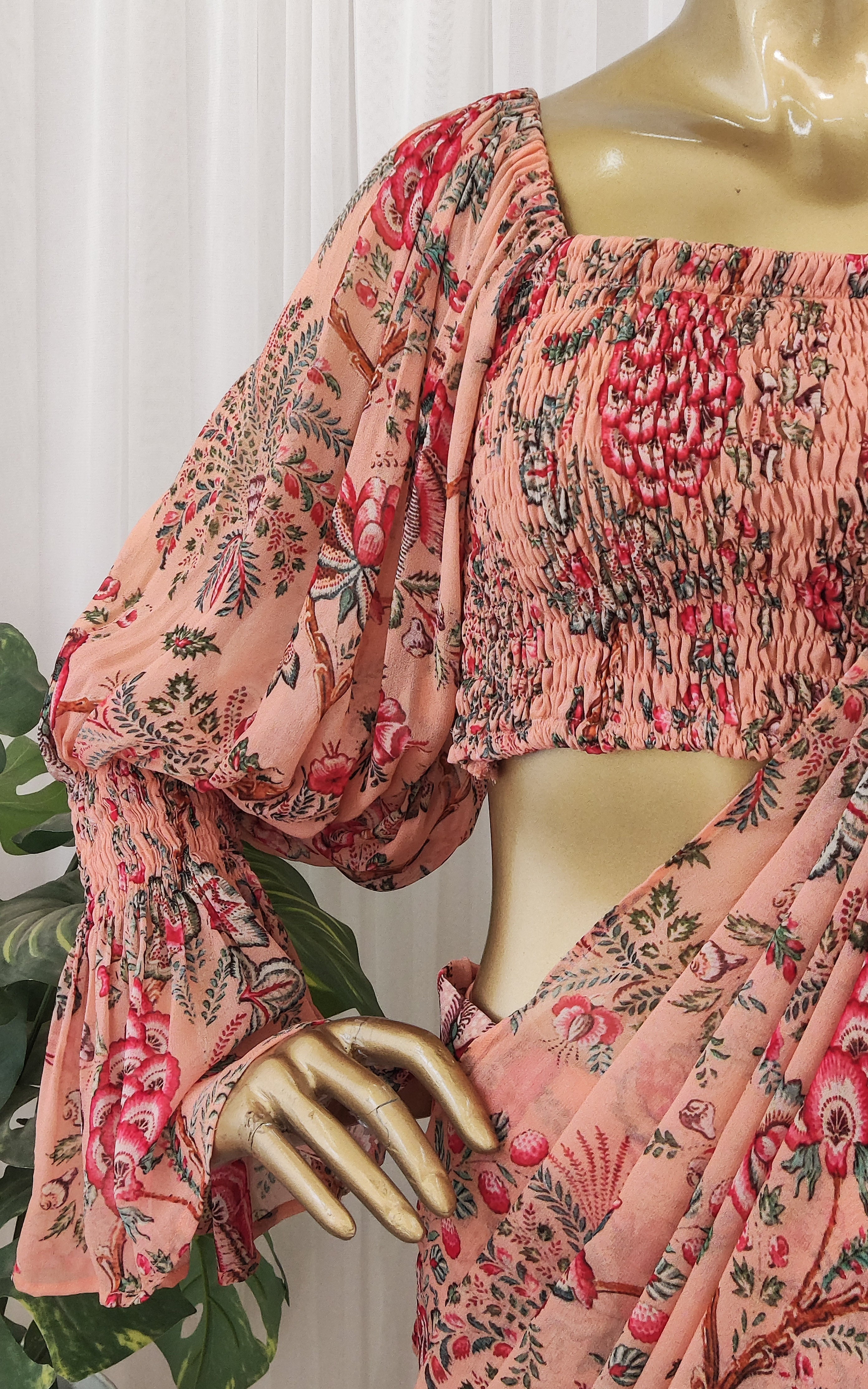 Peach Floral Pre-Stitched Saree with Smocked Crop Top