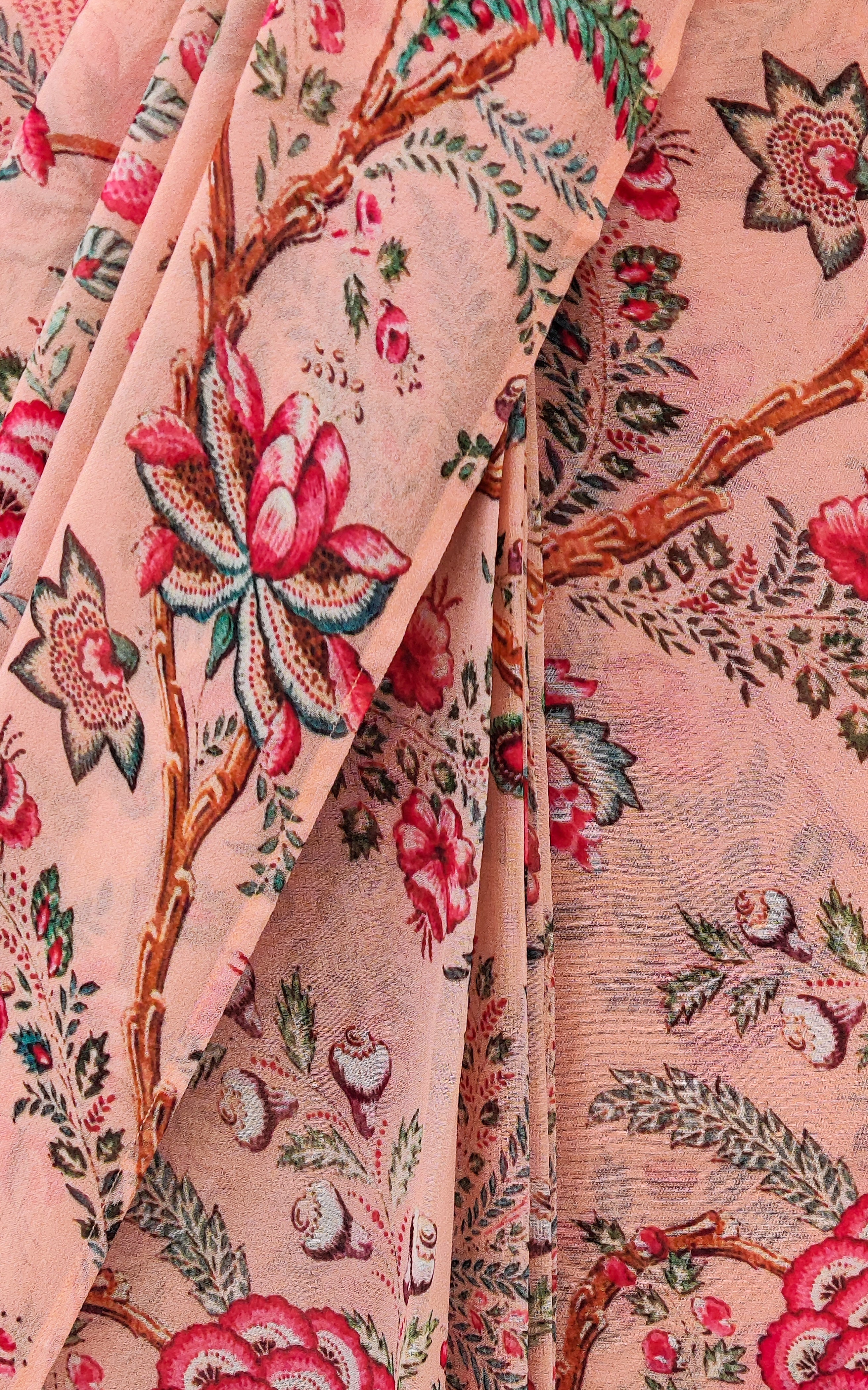 Peach Floral Pre-Stitched Saree with Smocked Crop Top