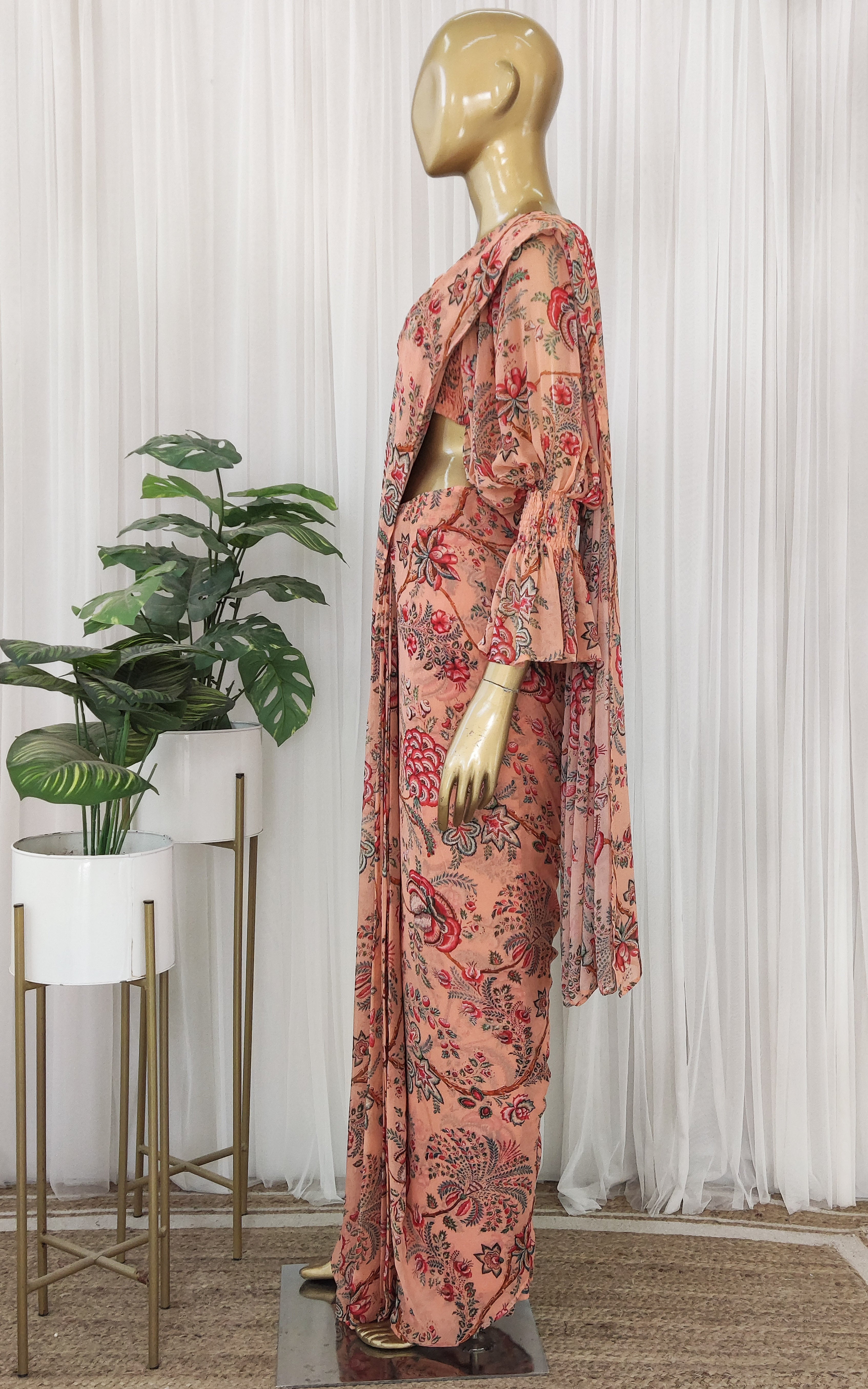Peach Floral Pre-Stitched Saree with Smocked Crop Top