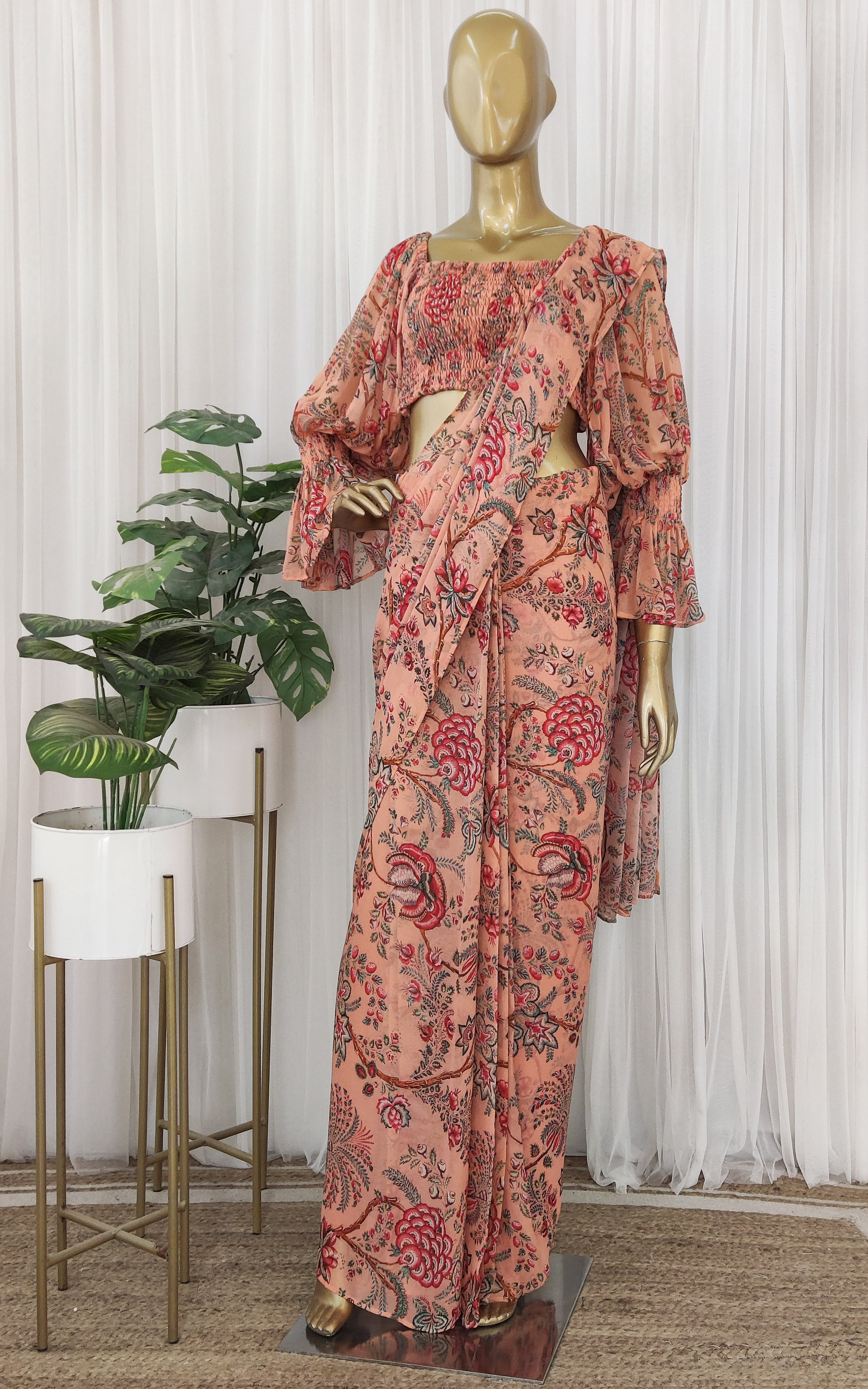 Peach Floral Pre-Stitched Saree with Smocked Crop Top