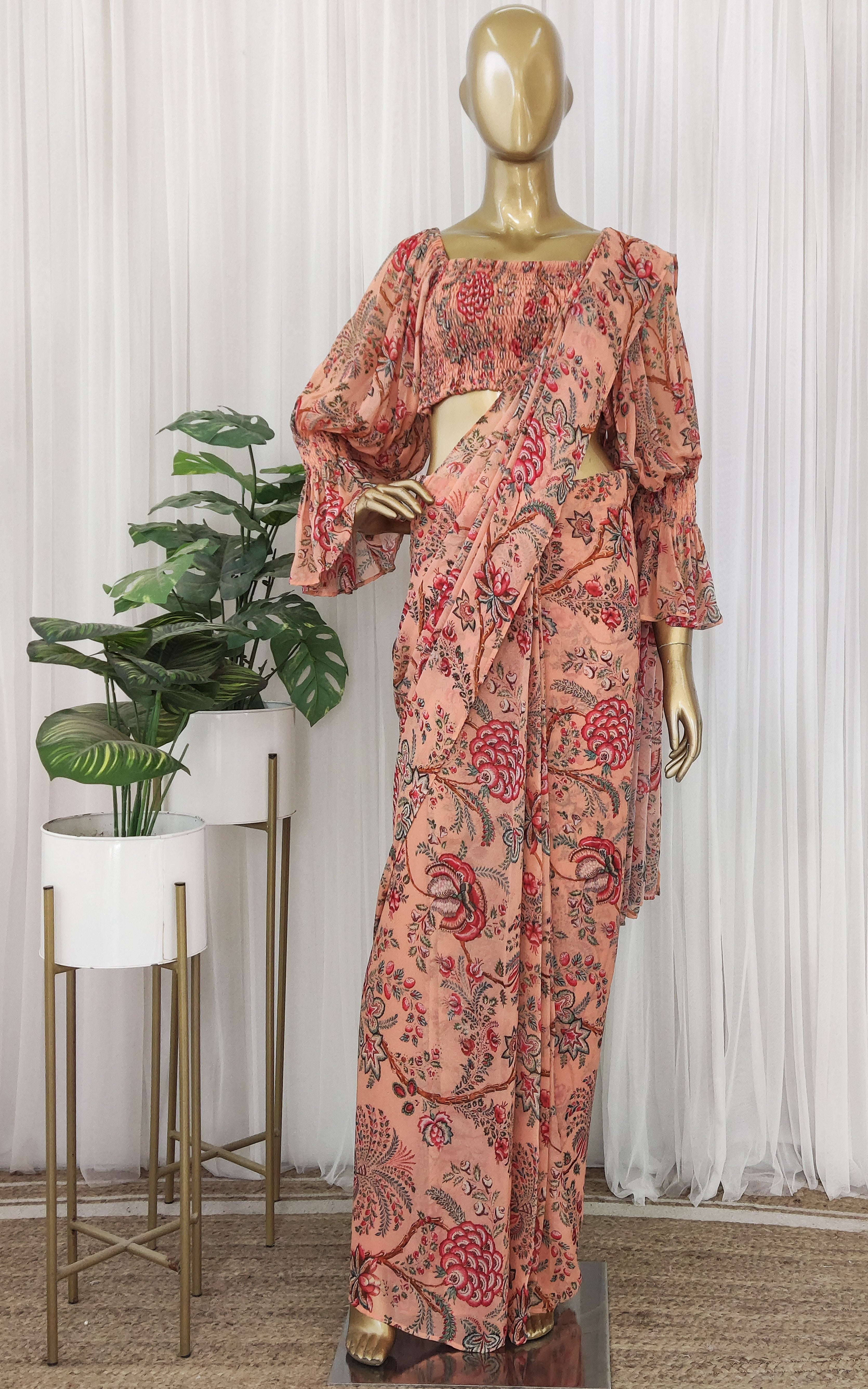Peach Floral Pre-Stitched Saree with Smocked Crop Top