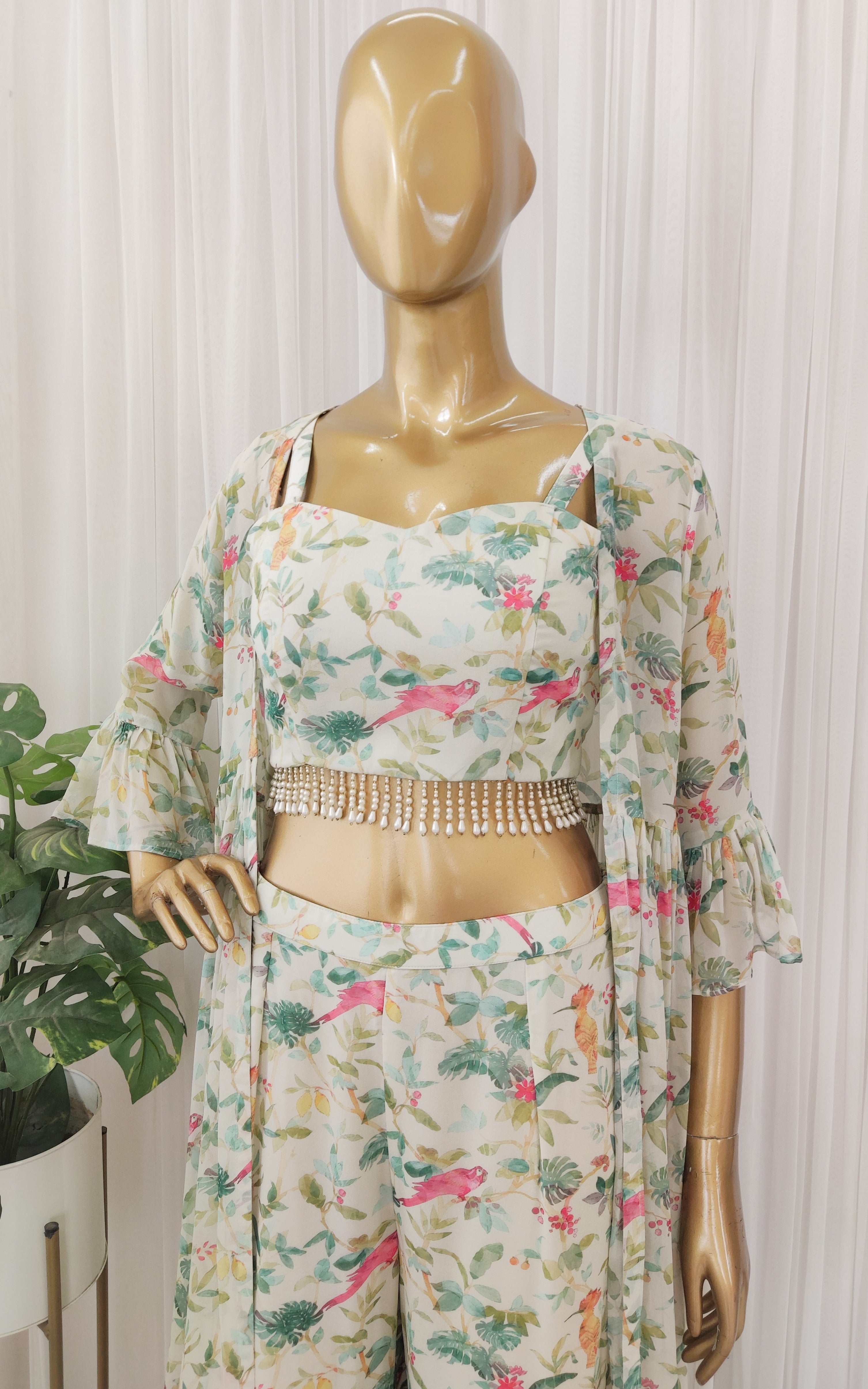 Off-White Bird Georgette Crop-Top & Sharara Set