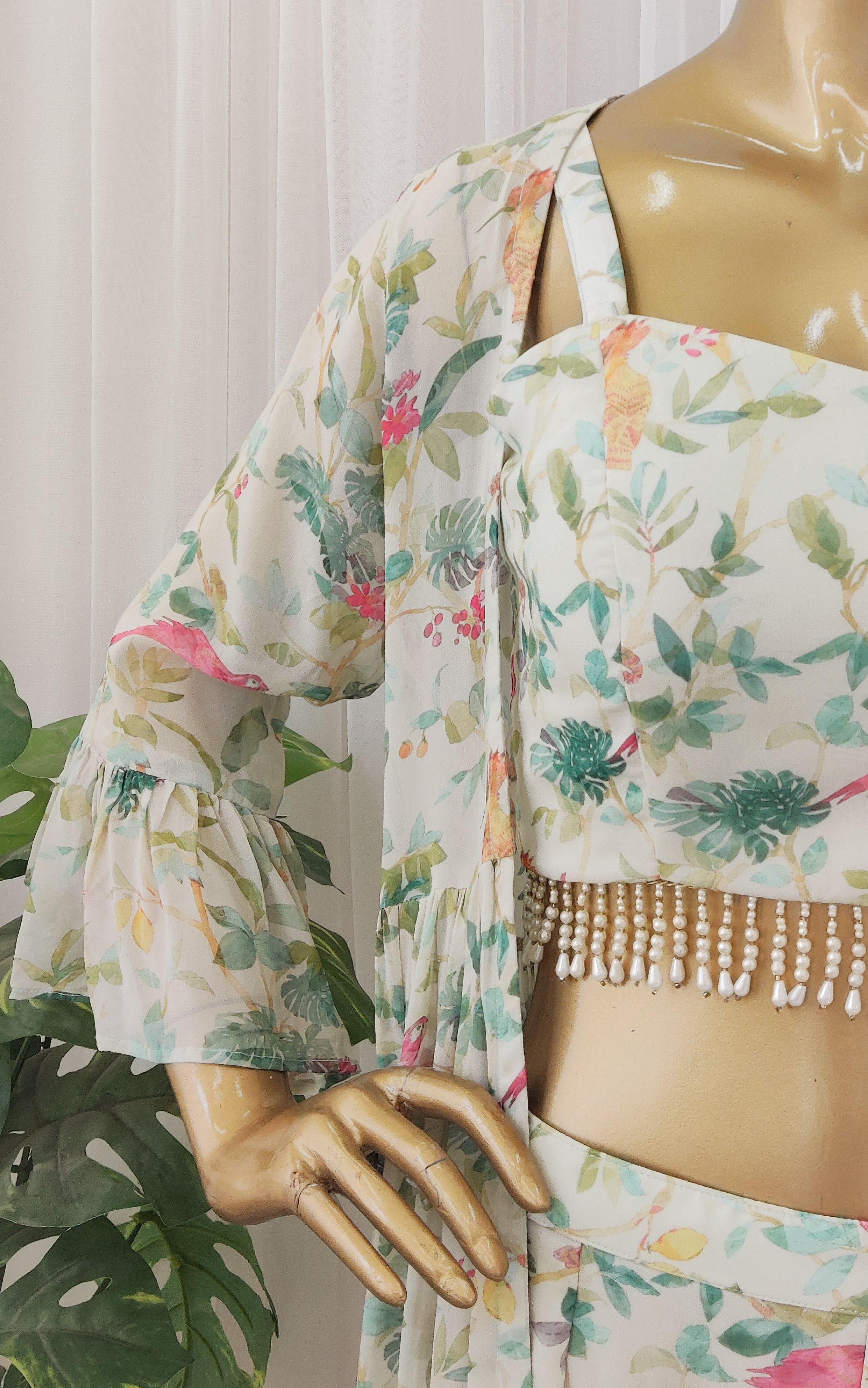 Off-White Bird Georgette Crop-Top & Sharara Set