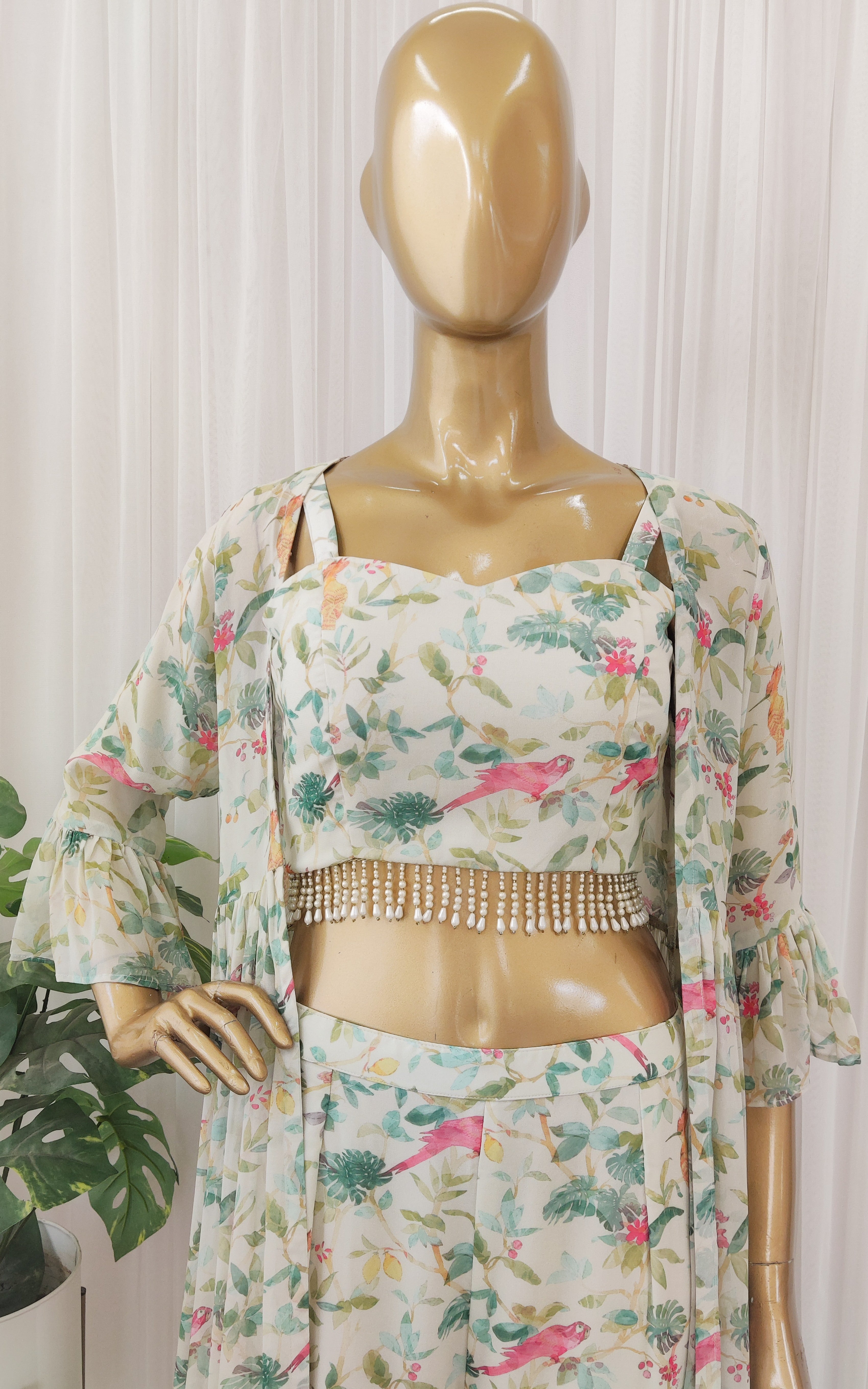 Off-White Bird Georgette Crop-Top & Sharara Set