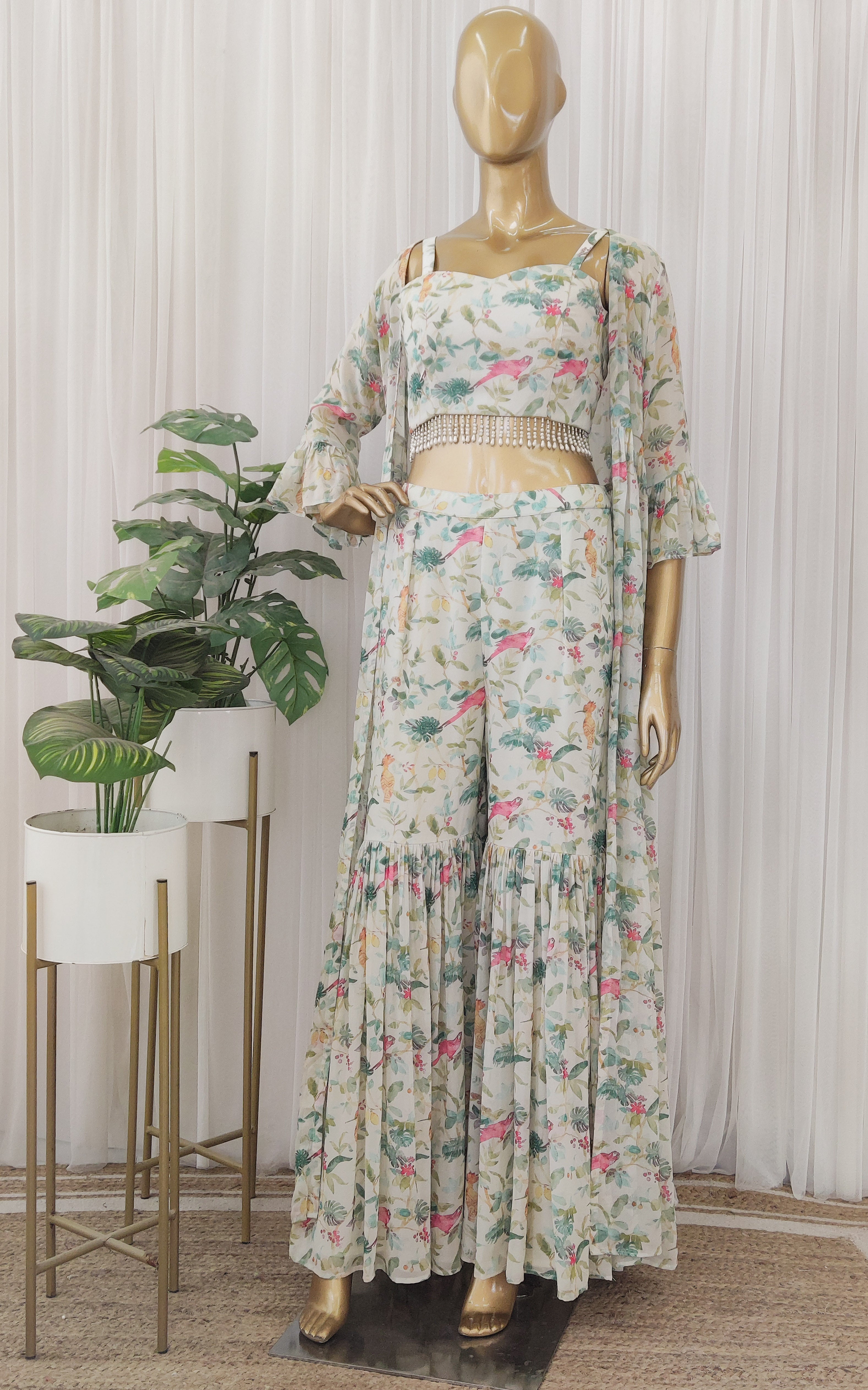 Off-White Bird Georgette Crop-Top & Sharara Set