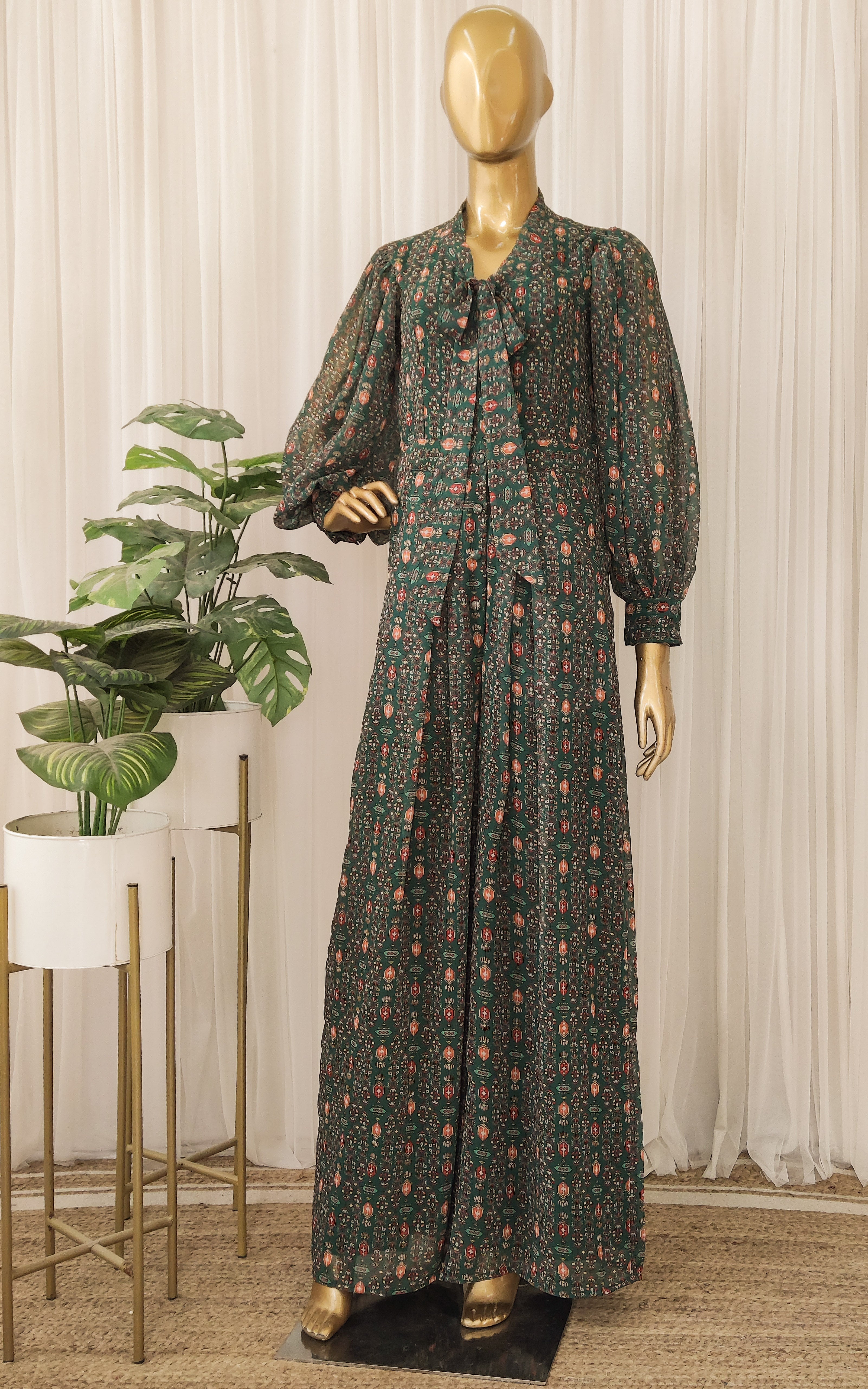 Bottle Green Bow-Shirt Jumpsuit