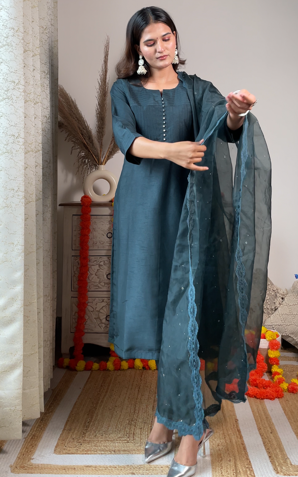 Swati Rathi Teal Blue Kurta Set with Mukaish-work Organza Dupatta