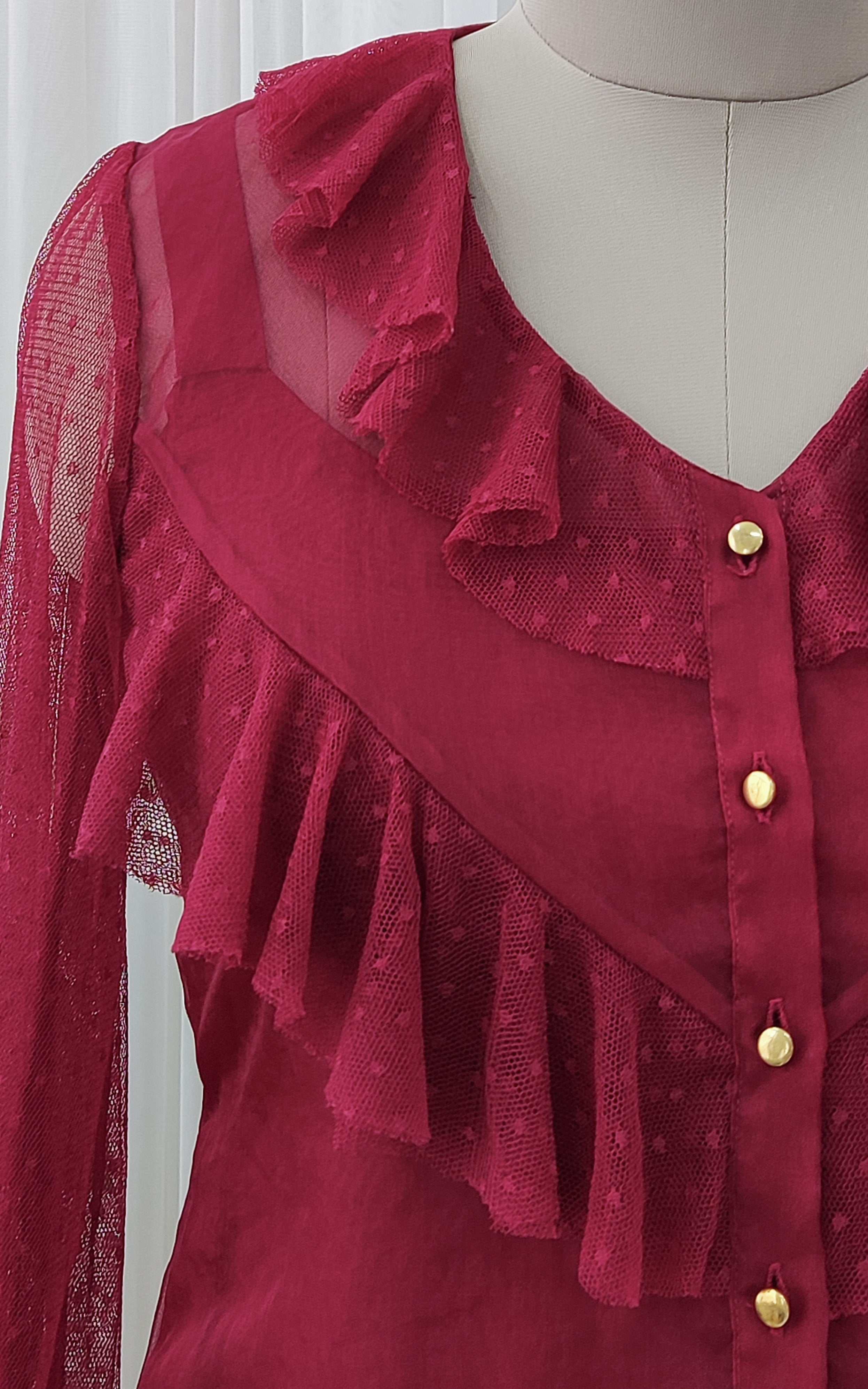 Wine Frilled Organza Top
